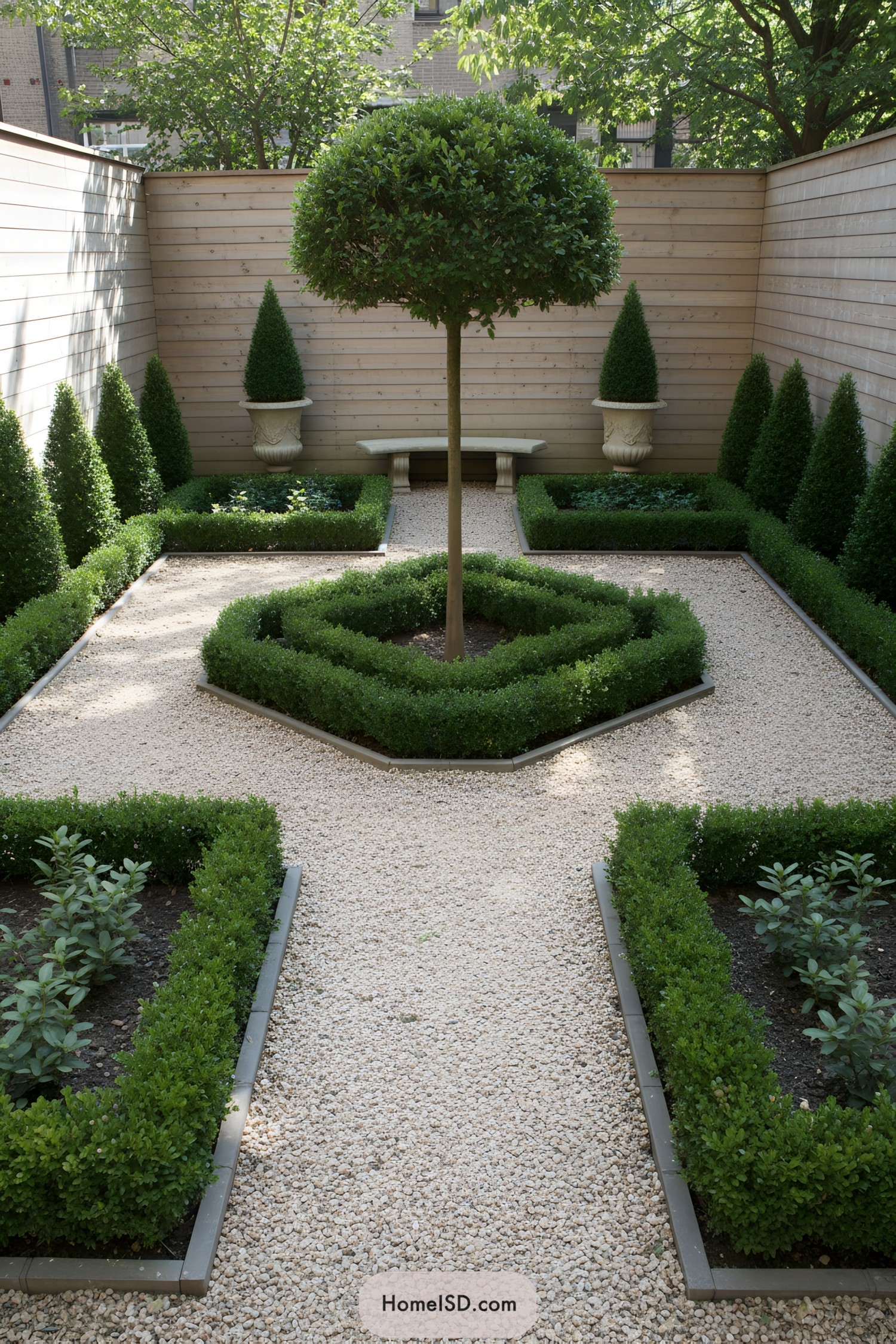 Formal courtyard parterre with central trimmed tree and gravel paths