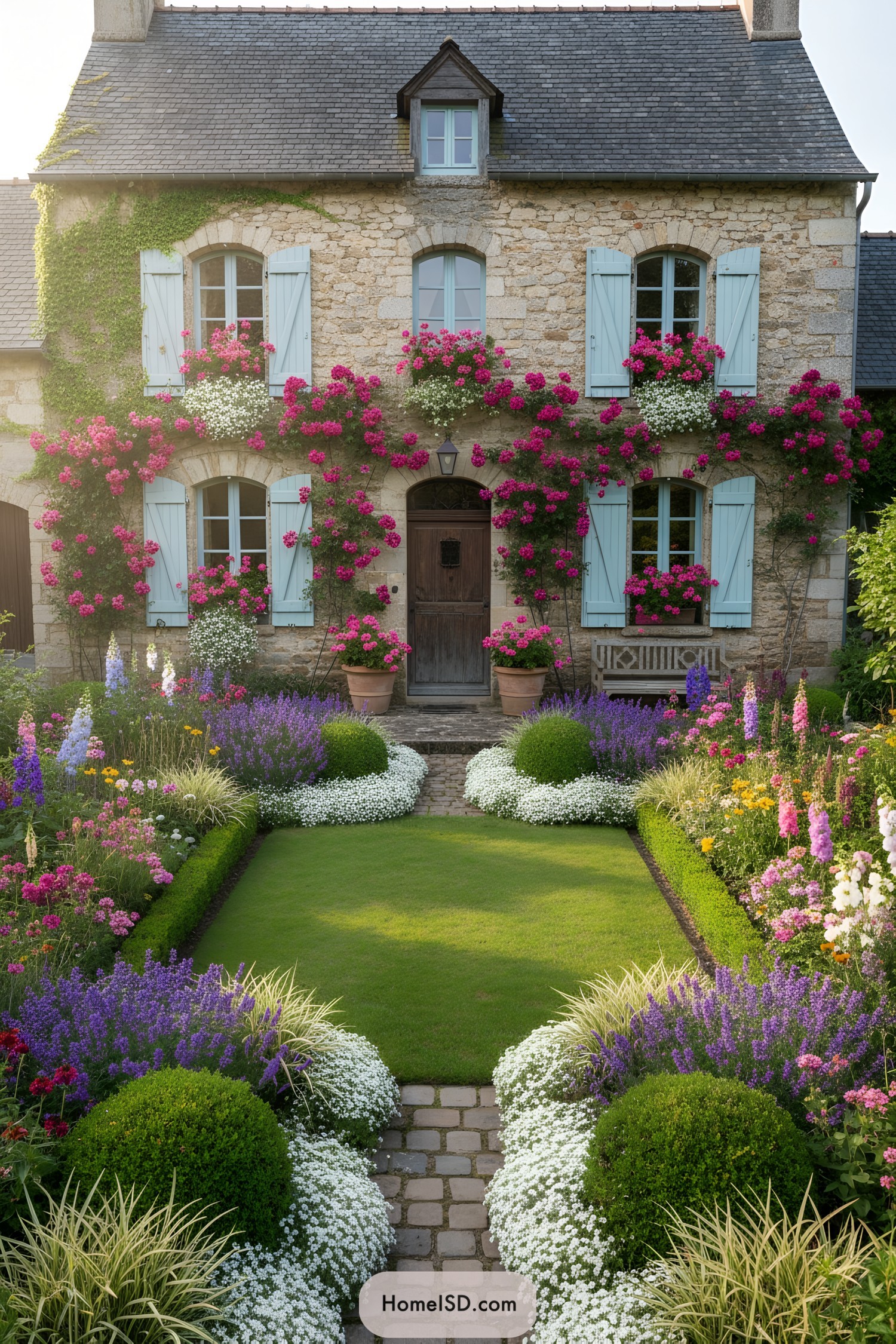 French stone cottage with formal flower garden