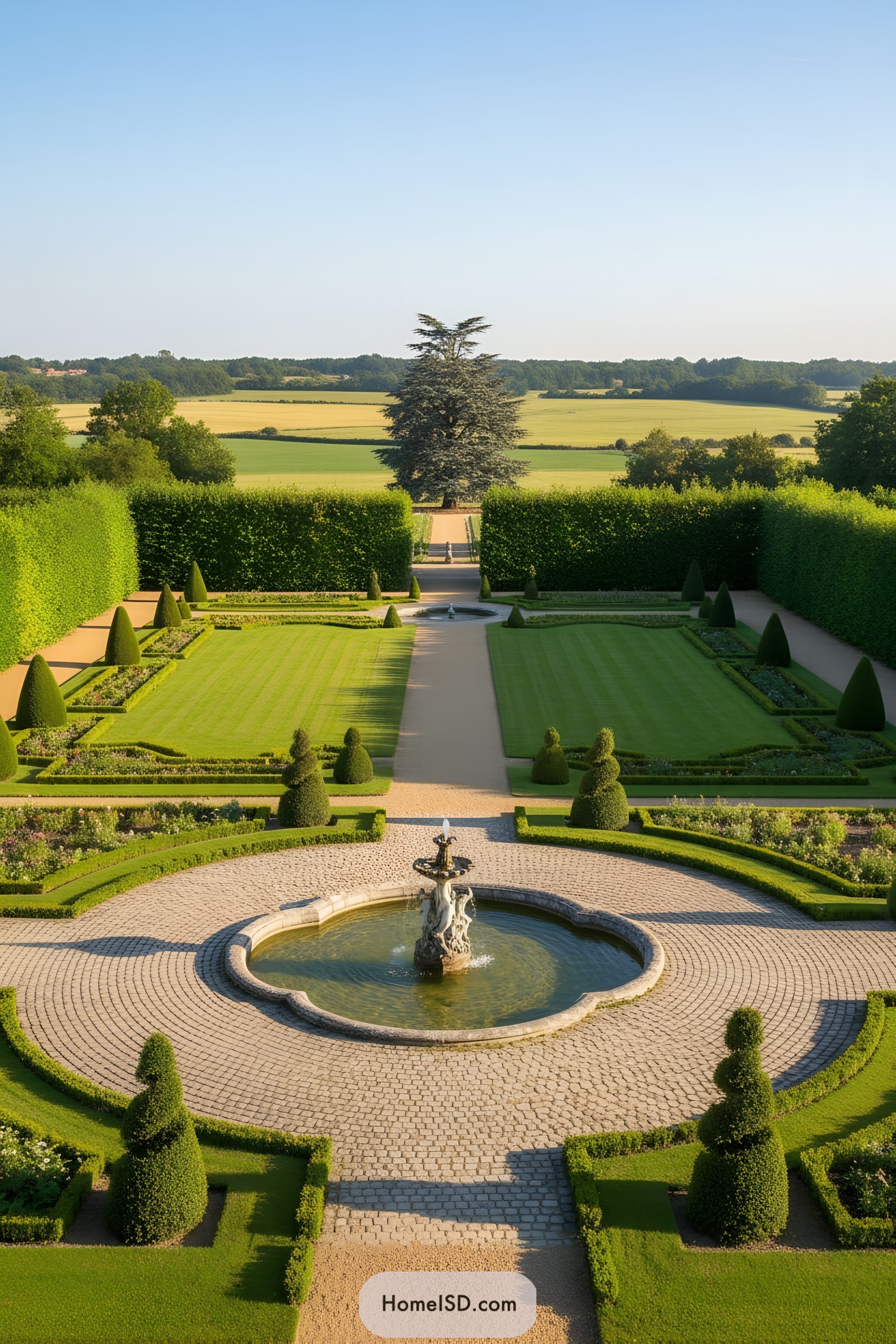 Formal French garden with central fountain, clipped hedges, and long lawn vista toward a single tree