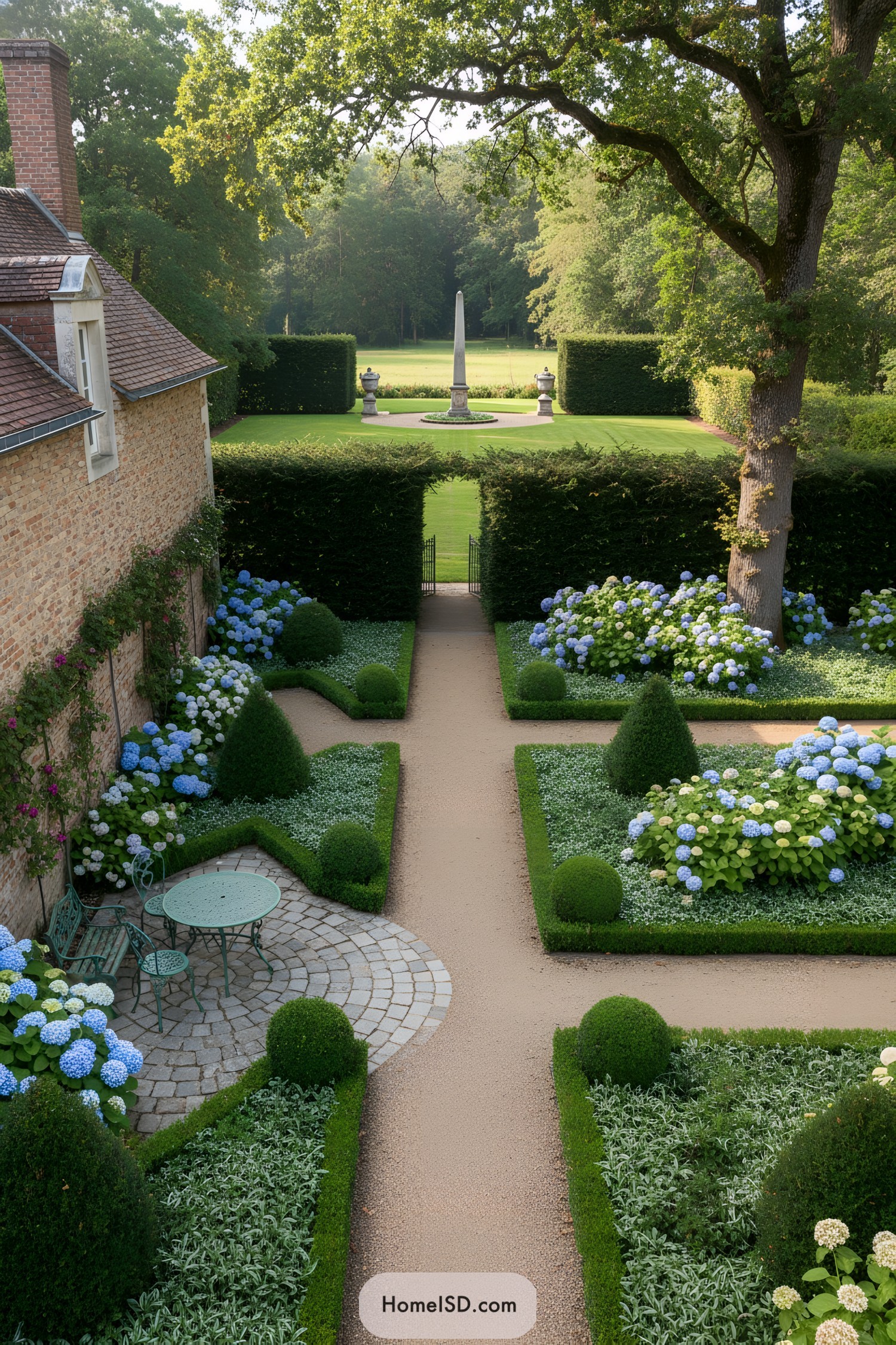 Formal French garden with hedged parterres, hydrangeas, and a central path leading to a distant lawn and obelisk