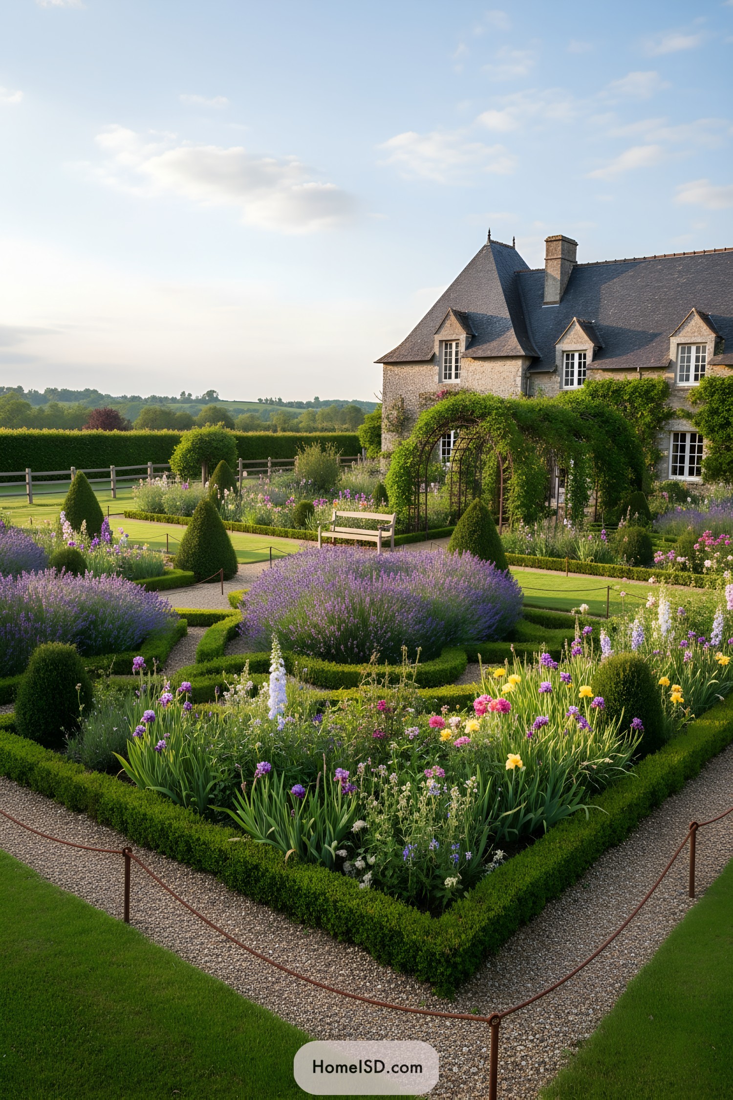 Formal flower parterre in front of French country house