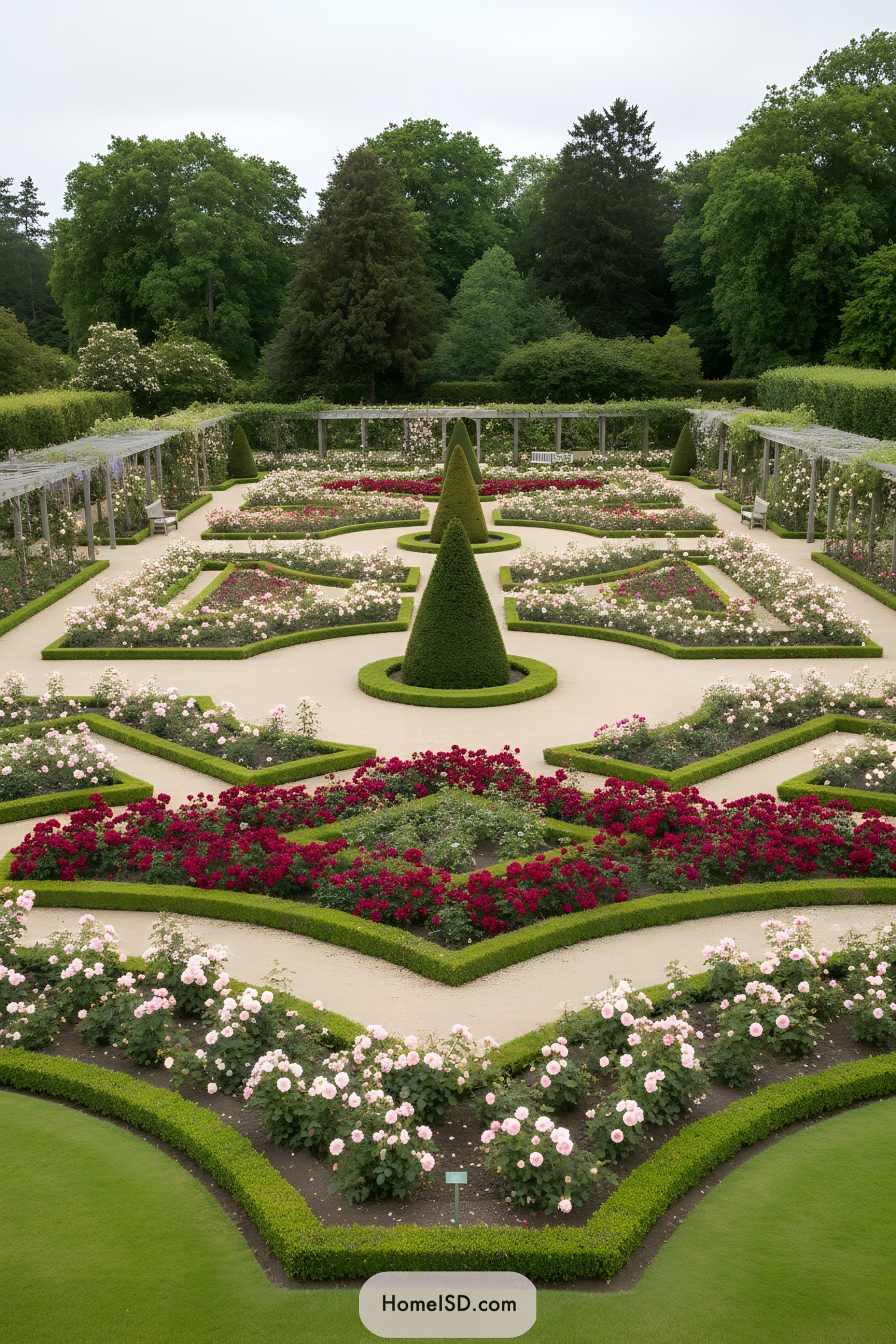 Formal star-shaped rose parterre garden with conical topiary and surrounding pergolas