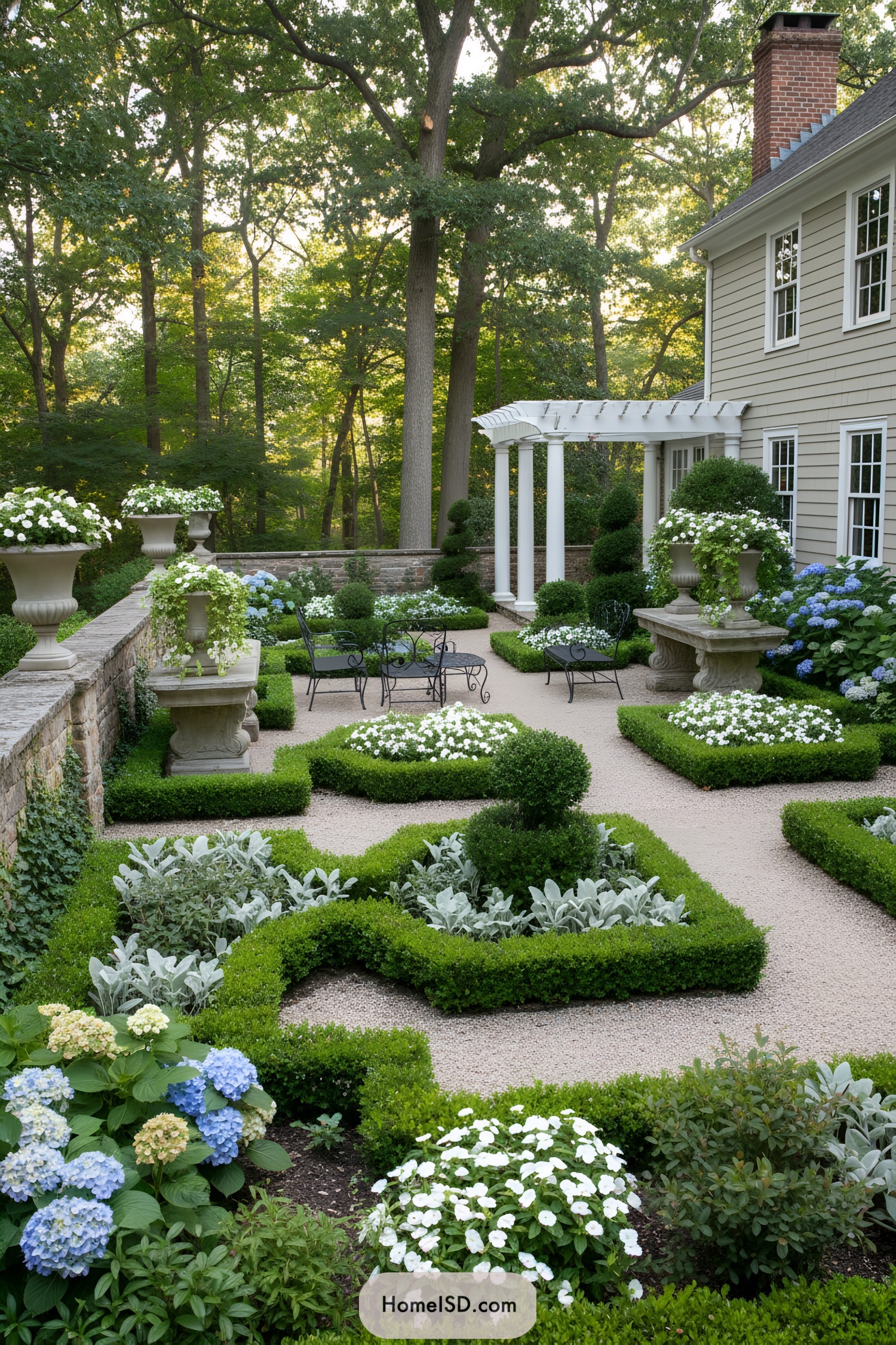 Elegant French parterre courtyard with clipped boxwood, white blooms, urns, and a pergola beside a classic house at the edge of a forest