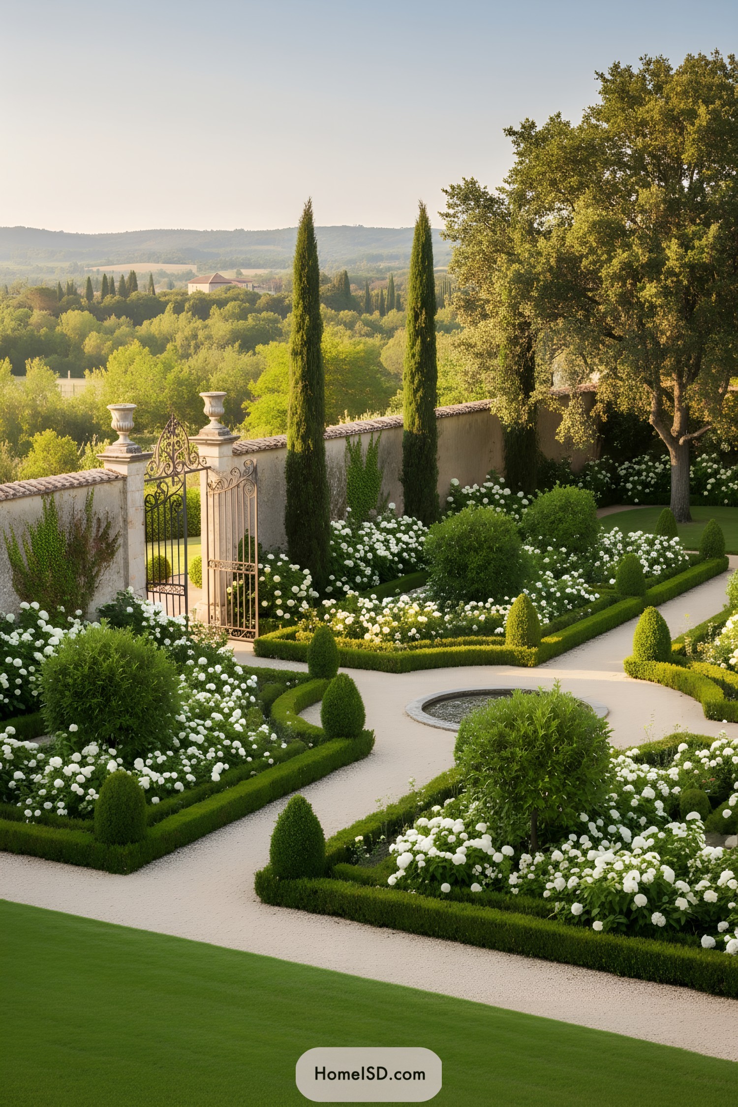 Formal French garden with boxwood and white blooms overlooking rolling countryside