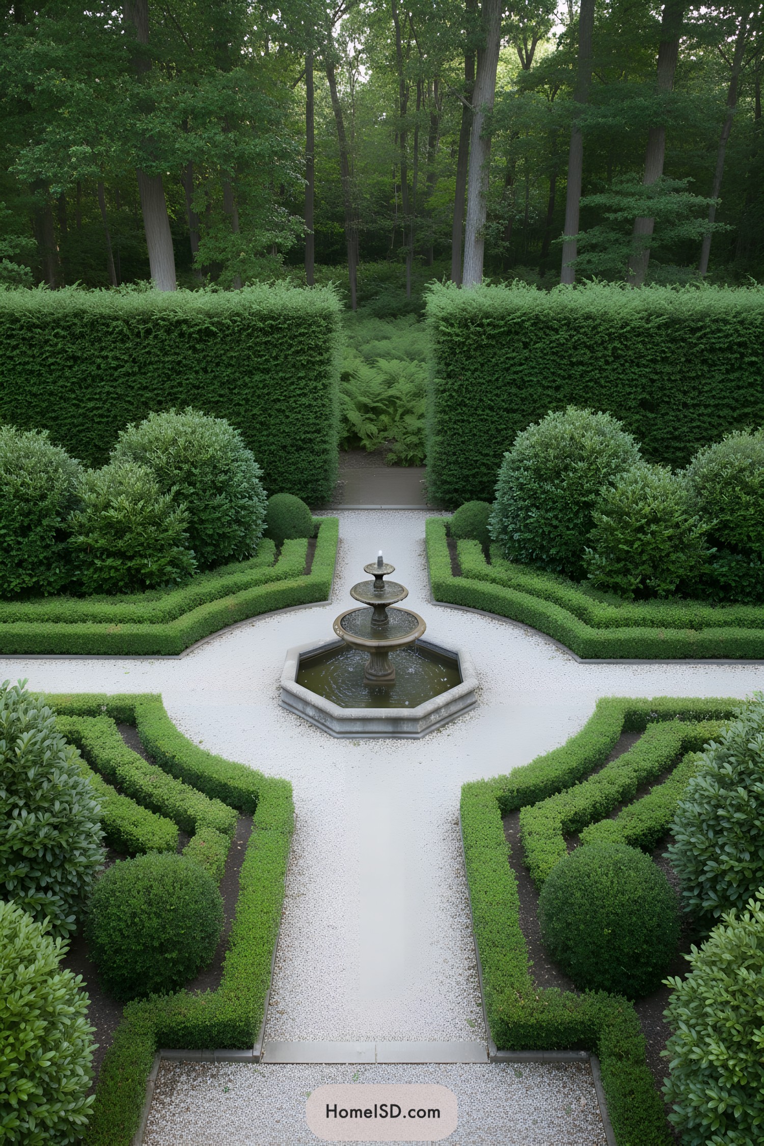 Formal boxwood garden with central fountain
