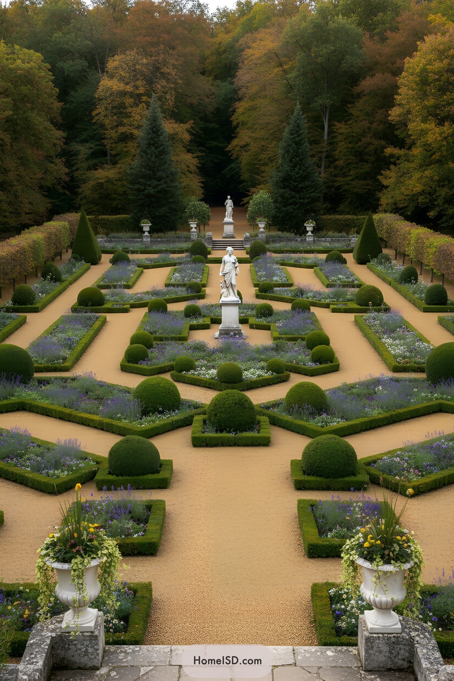 Formal French parterre with statues and clipped hedges