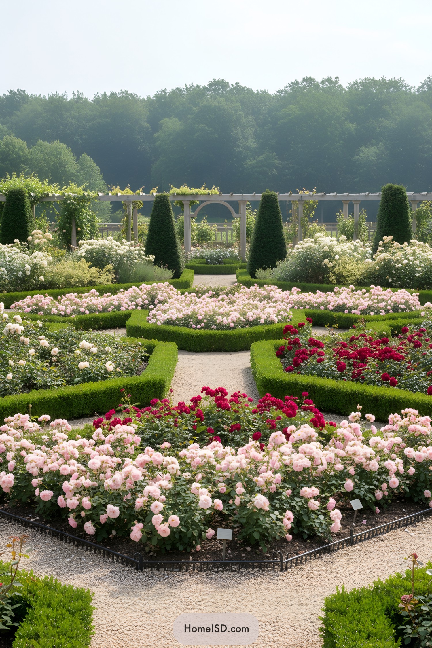 Formal rose parterre with clipped hedges, gravel paths, and pergola backdrop