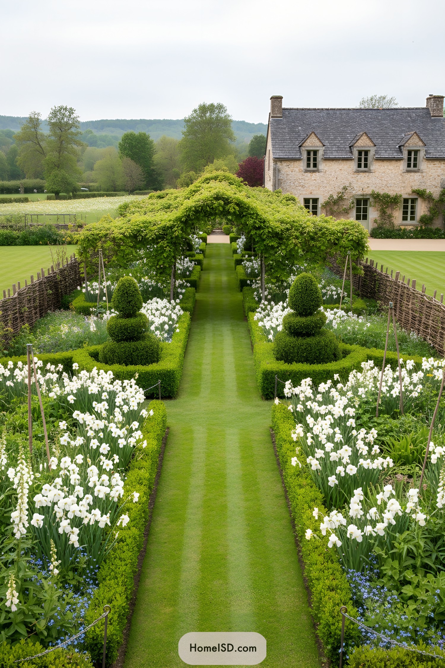 Narrow lawn allée with vine-covered arbor and white flower borders beside a stone house