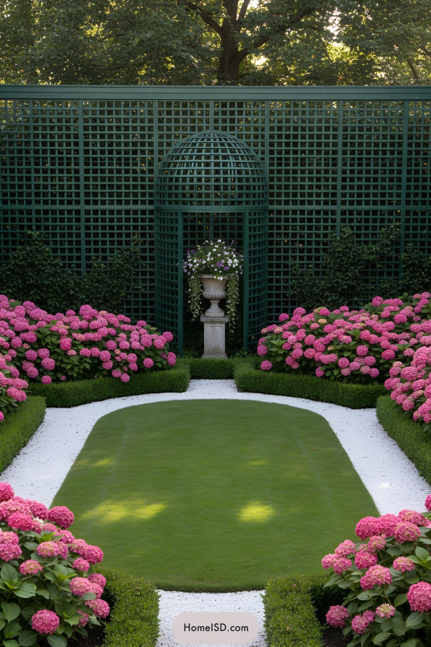 Formal garden with trellis walls, urn, and pink hydrangeas