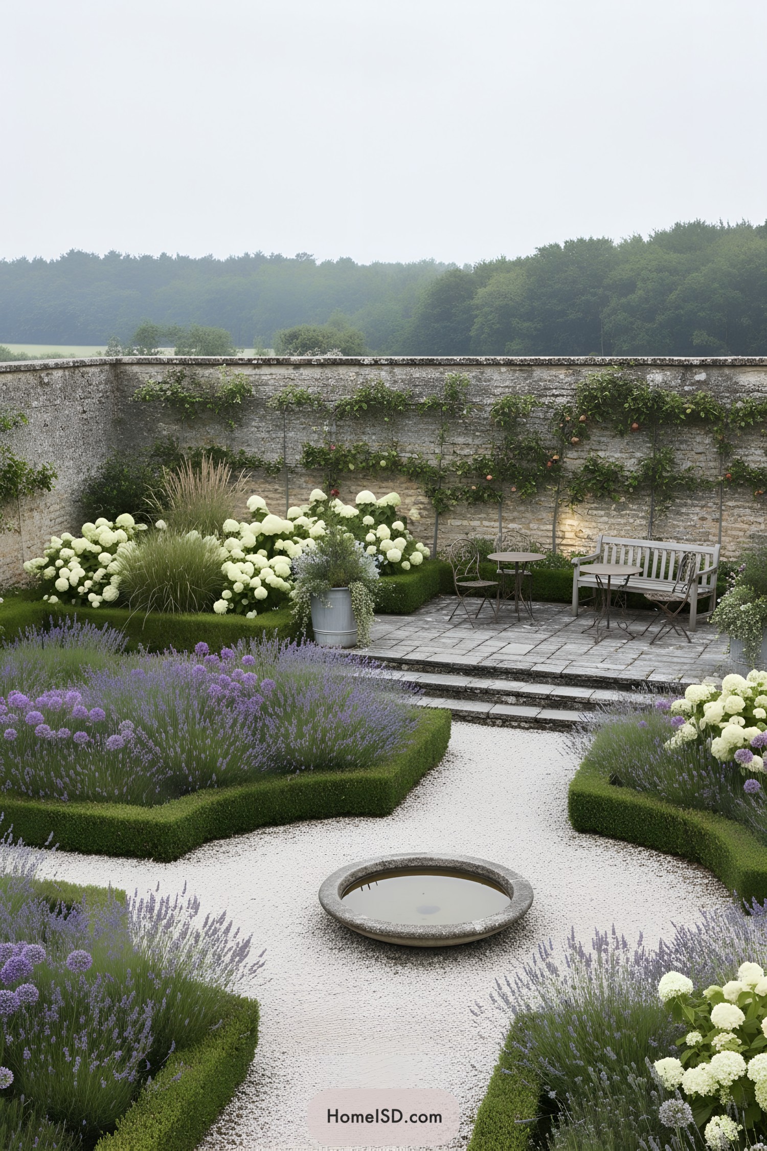 Enclosed garden courtyard with lavender beds, clipped box hedges, and a shallow circular reflecting pool