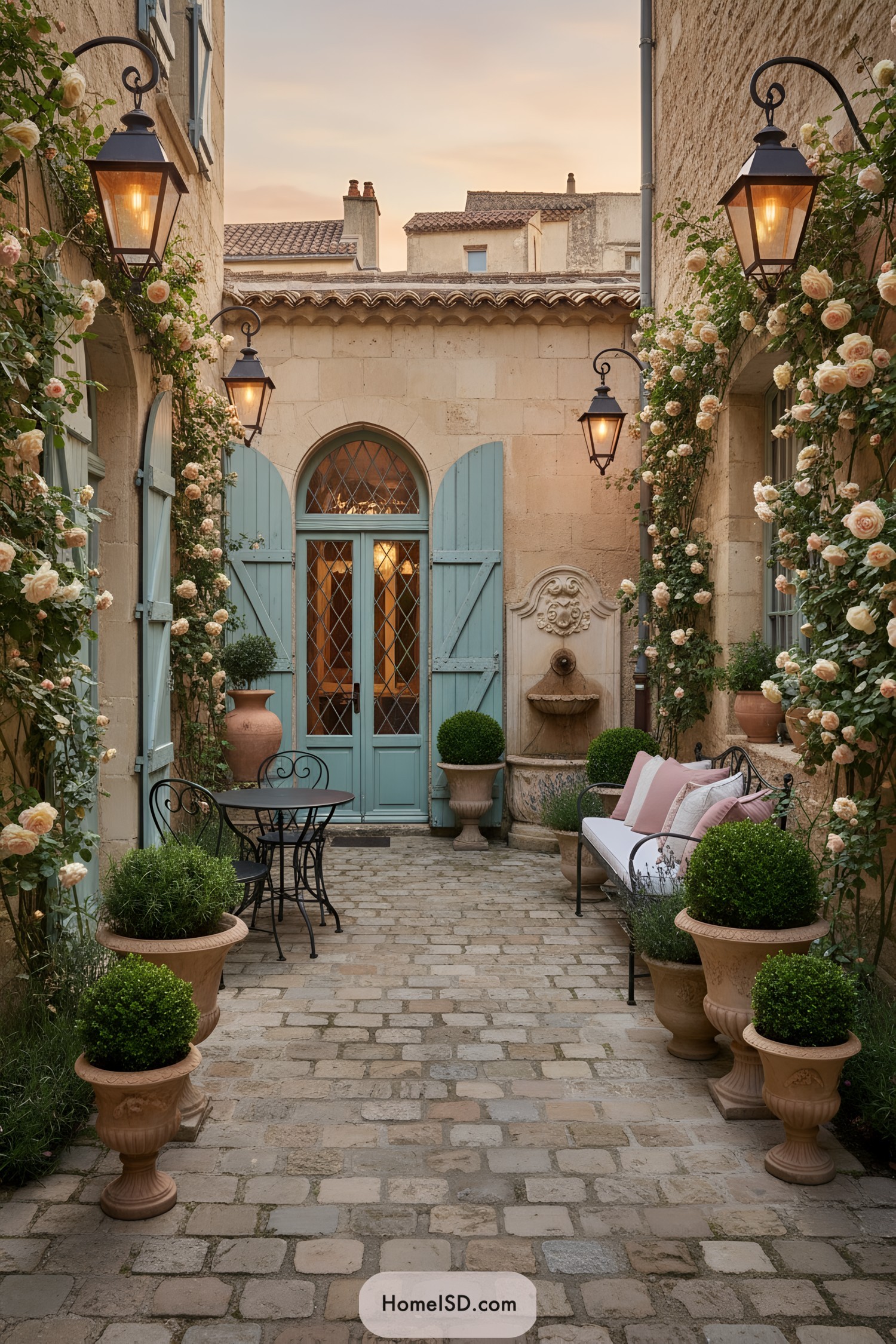 Romantic French courtyard with roses and aqua shutters