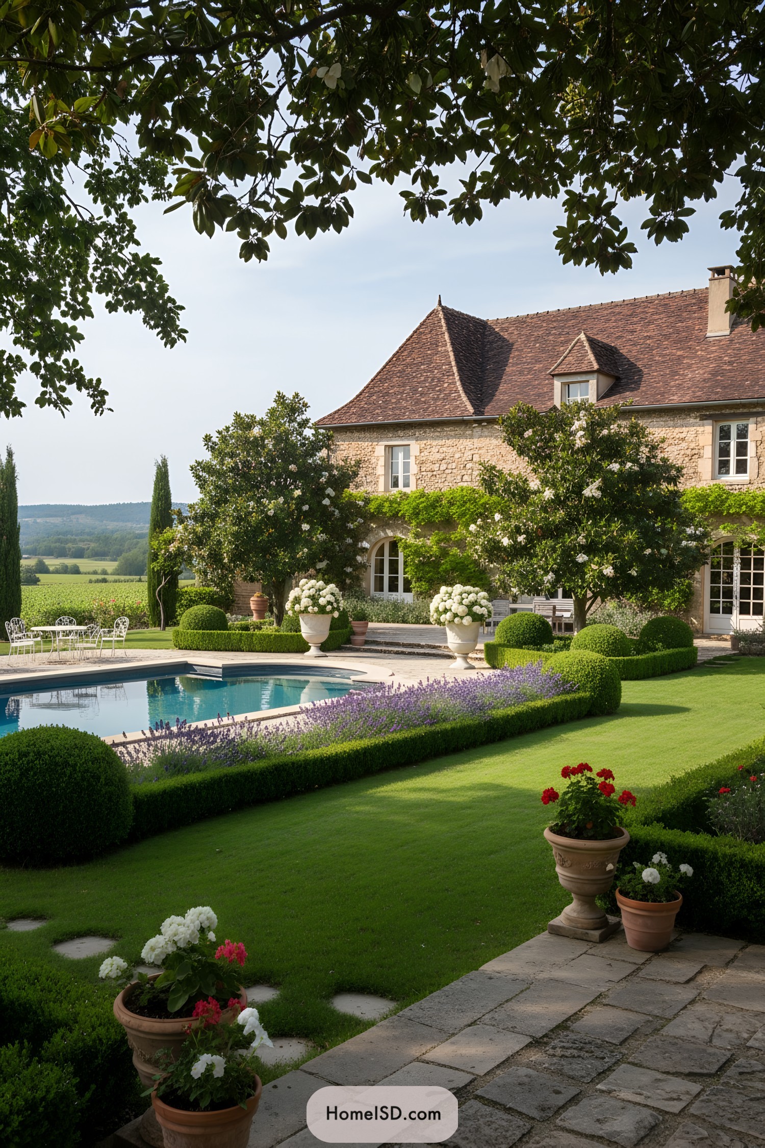Elegant French country house with formal pool garden and clipped boxwood borders