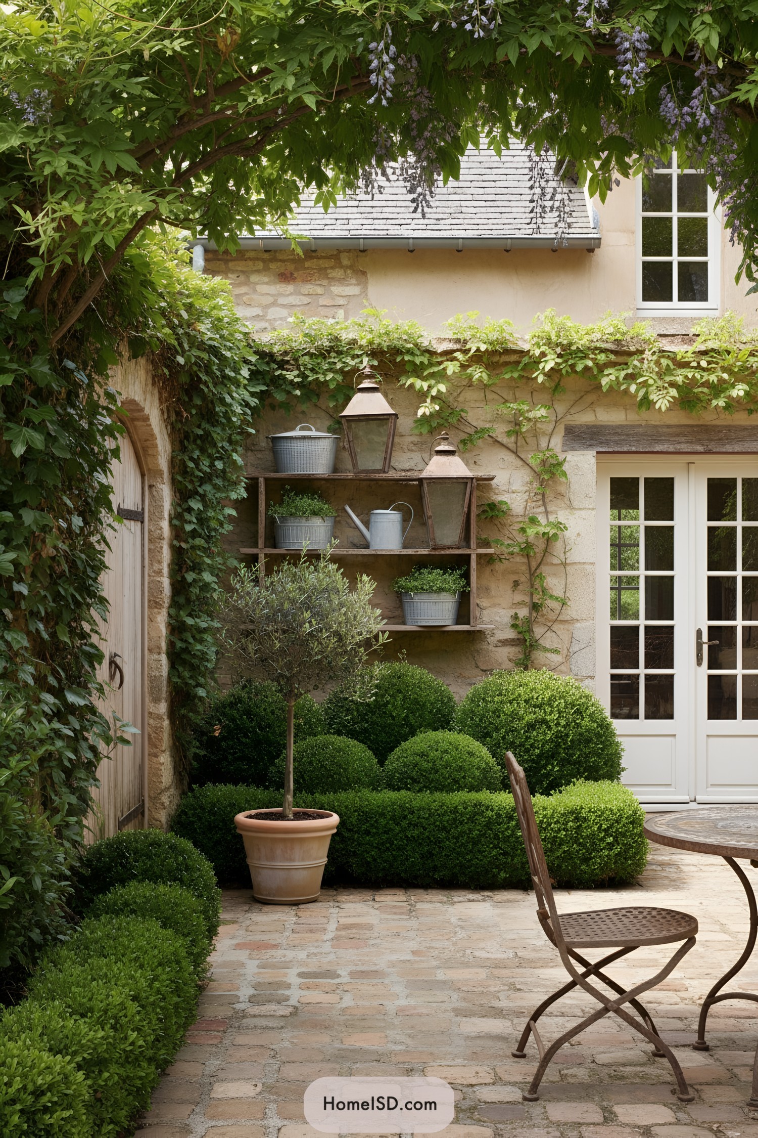 Small French courtyard with boxwood mounds, potted tree, and metal bistro set