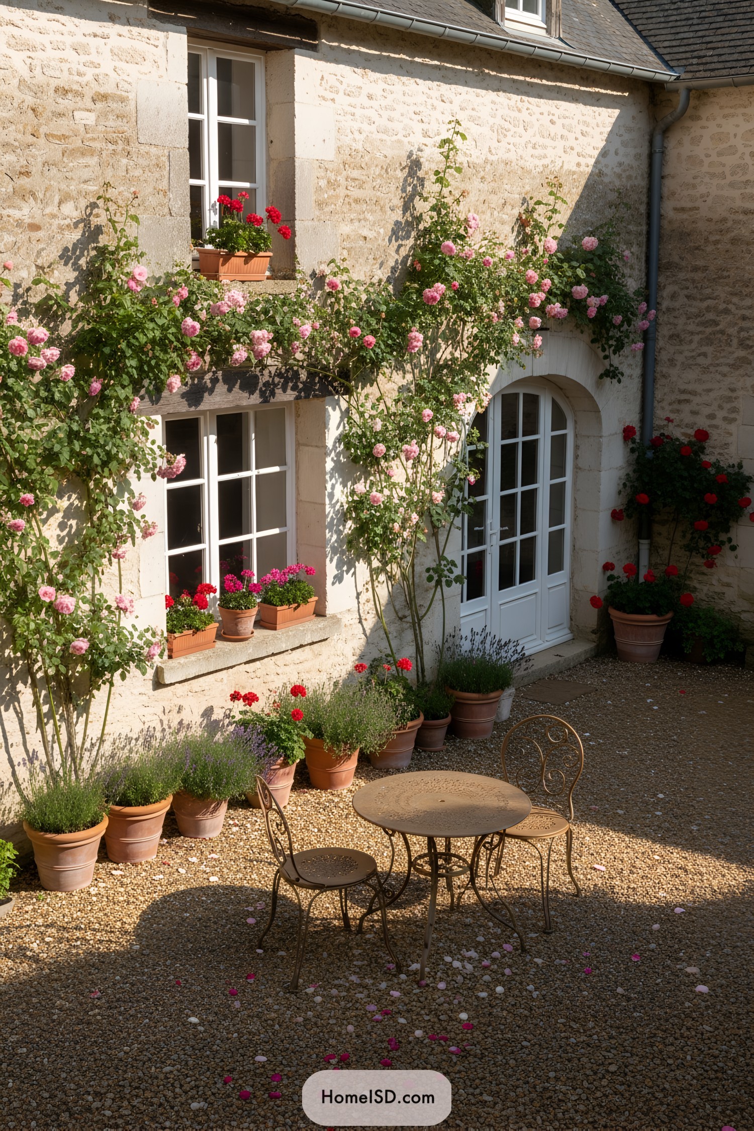 Charming French stone courtyard with climbing roses, potted flowers, and a small bistro set on gravel