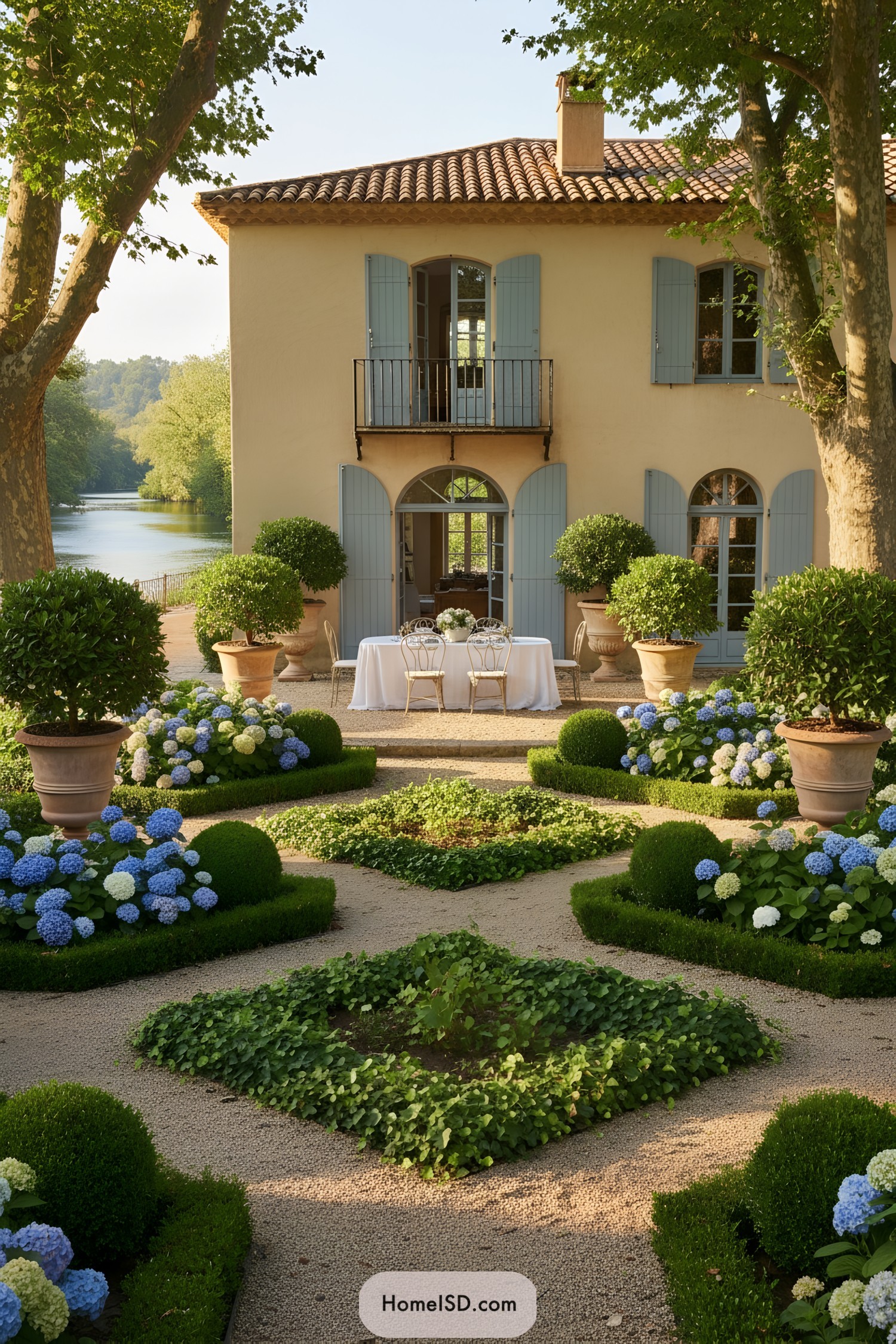 French villa courtyard with geometric hydrangea beds and a small dining table by the water
