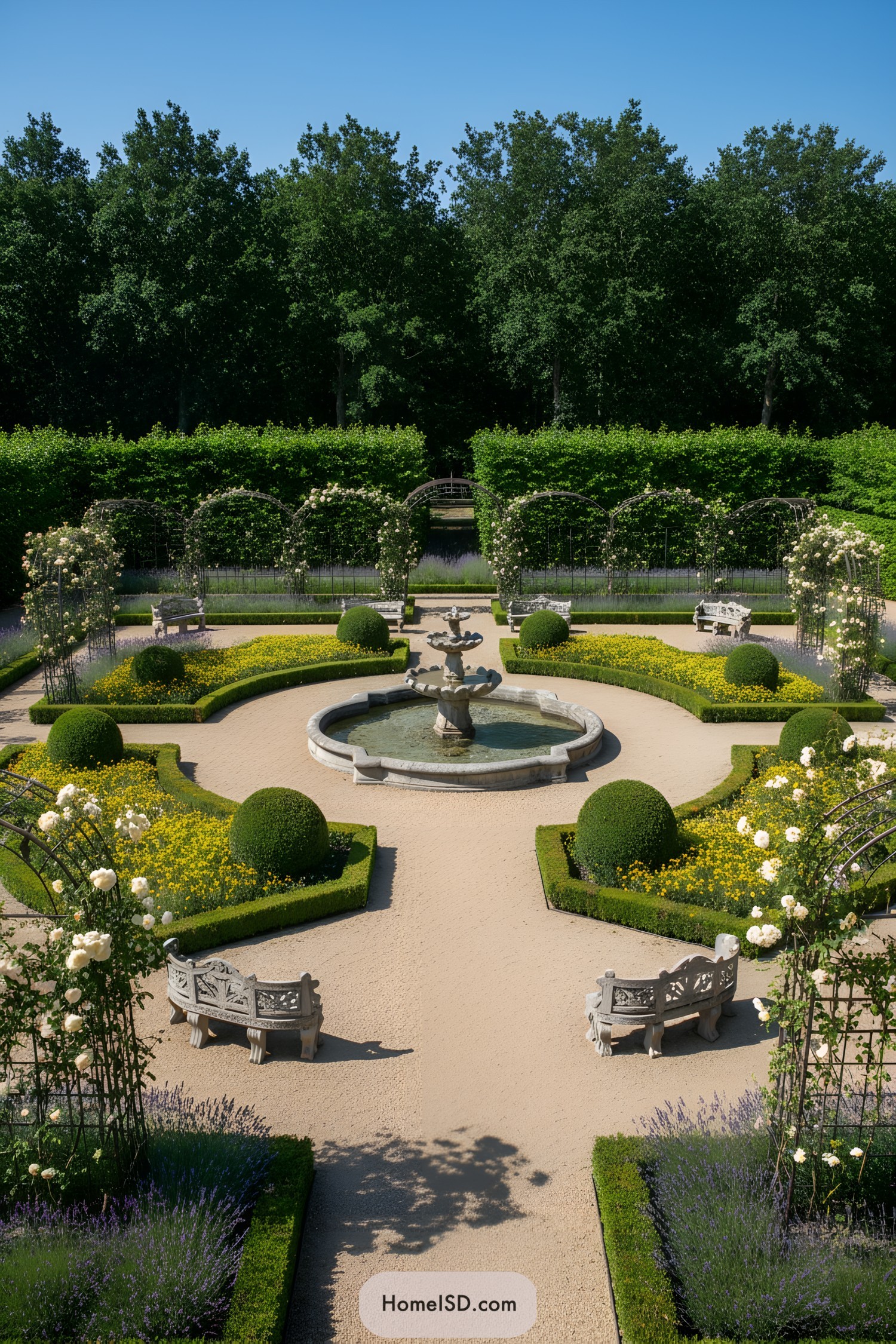 Formal French parterre garden with central fountain hedges flower beds arches and benches