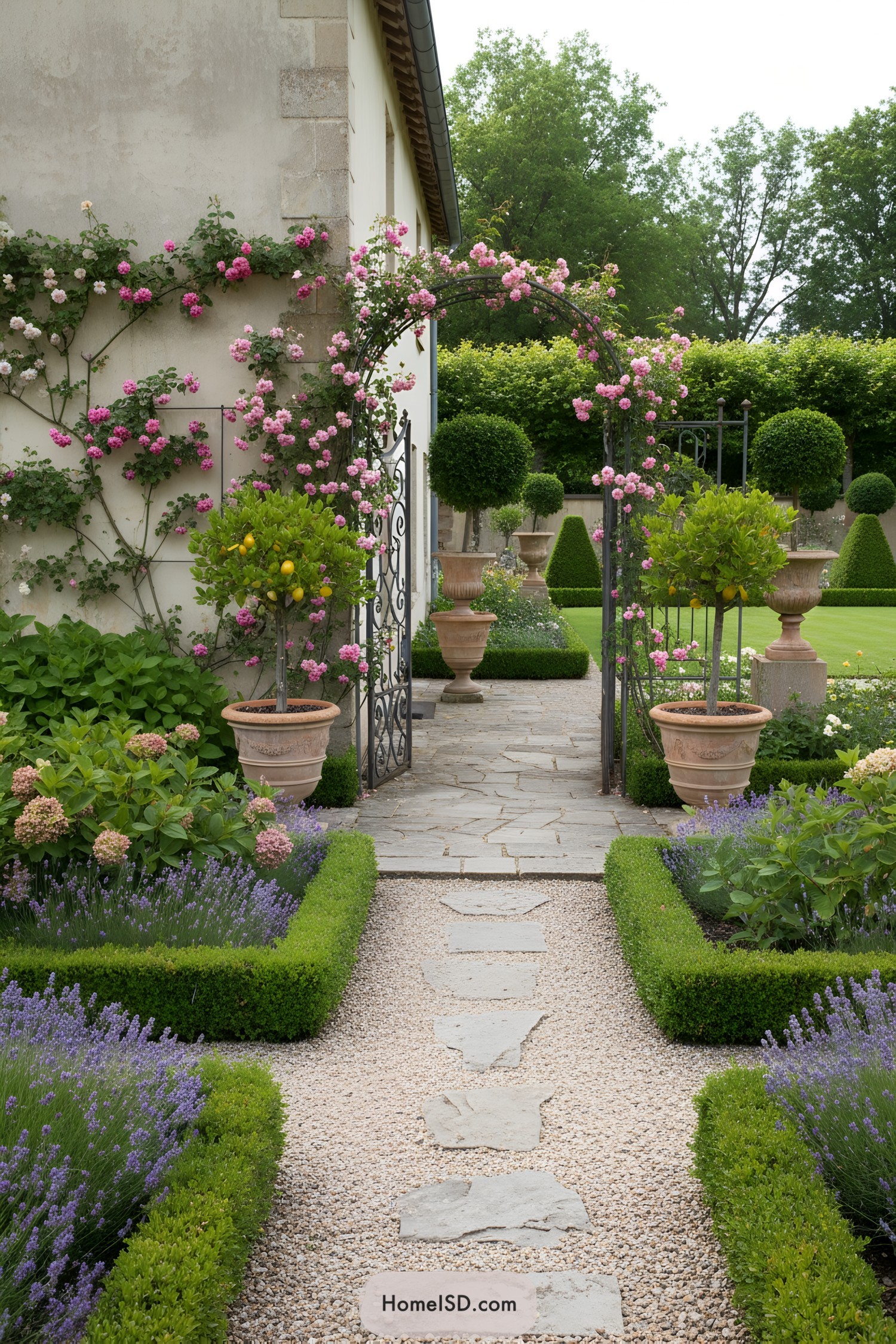 Romantic French garden path with roses lavender boxwood and potted lemons leading to an ornate gate