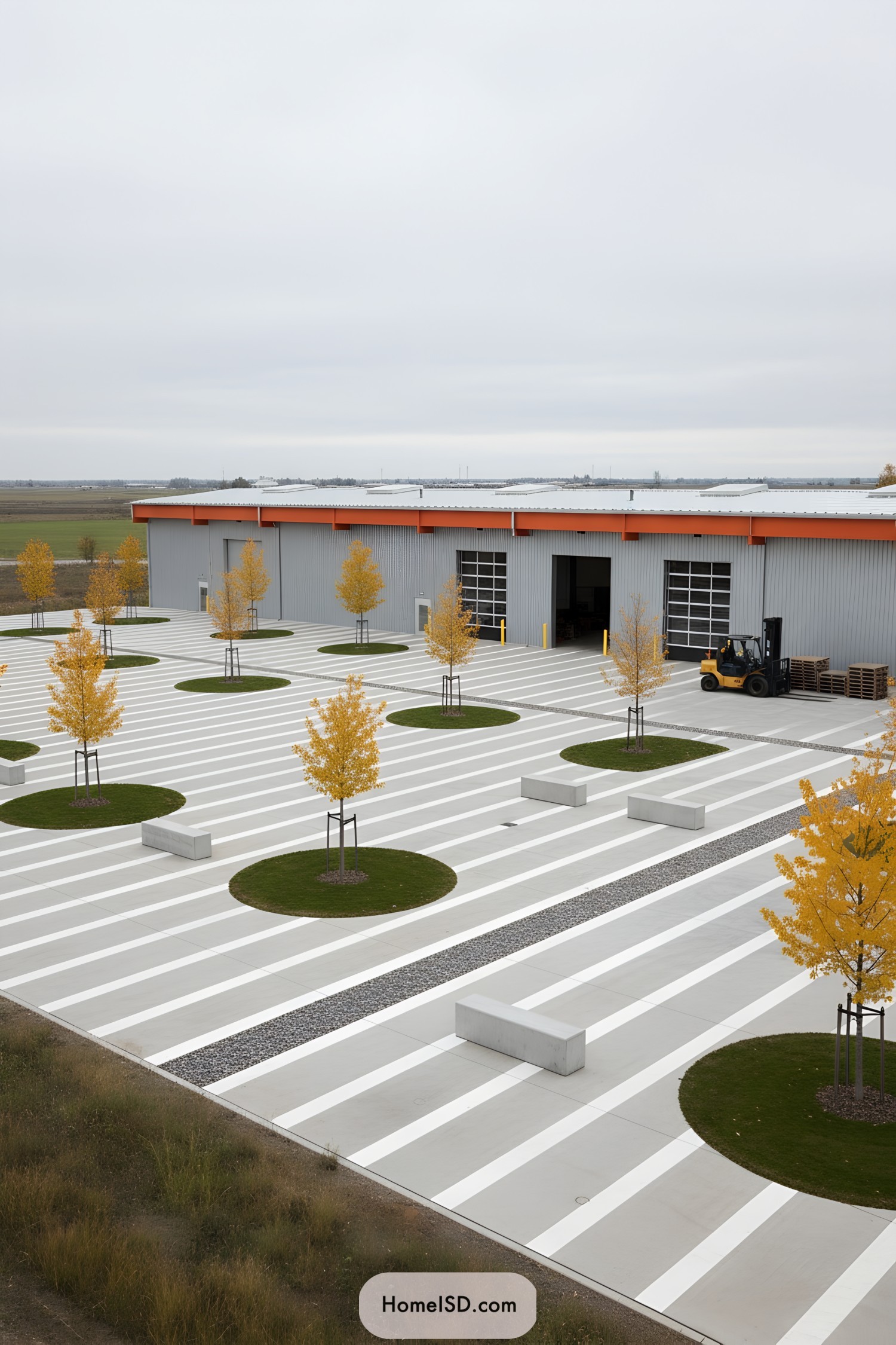 Striped industrial courtyard with trees and benches