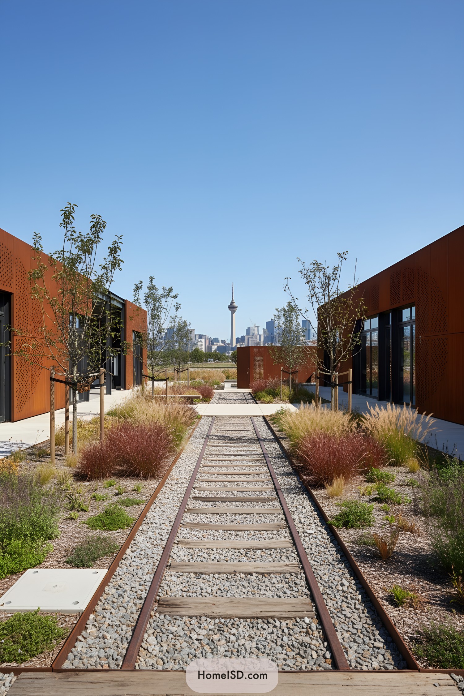 Industrial courtyard with rail-track garden path