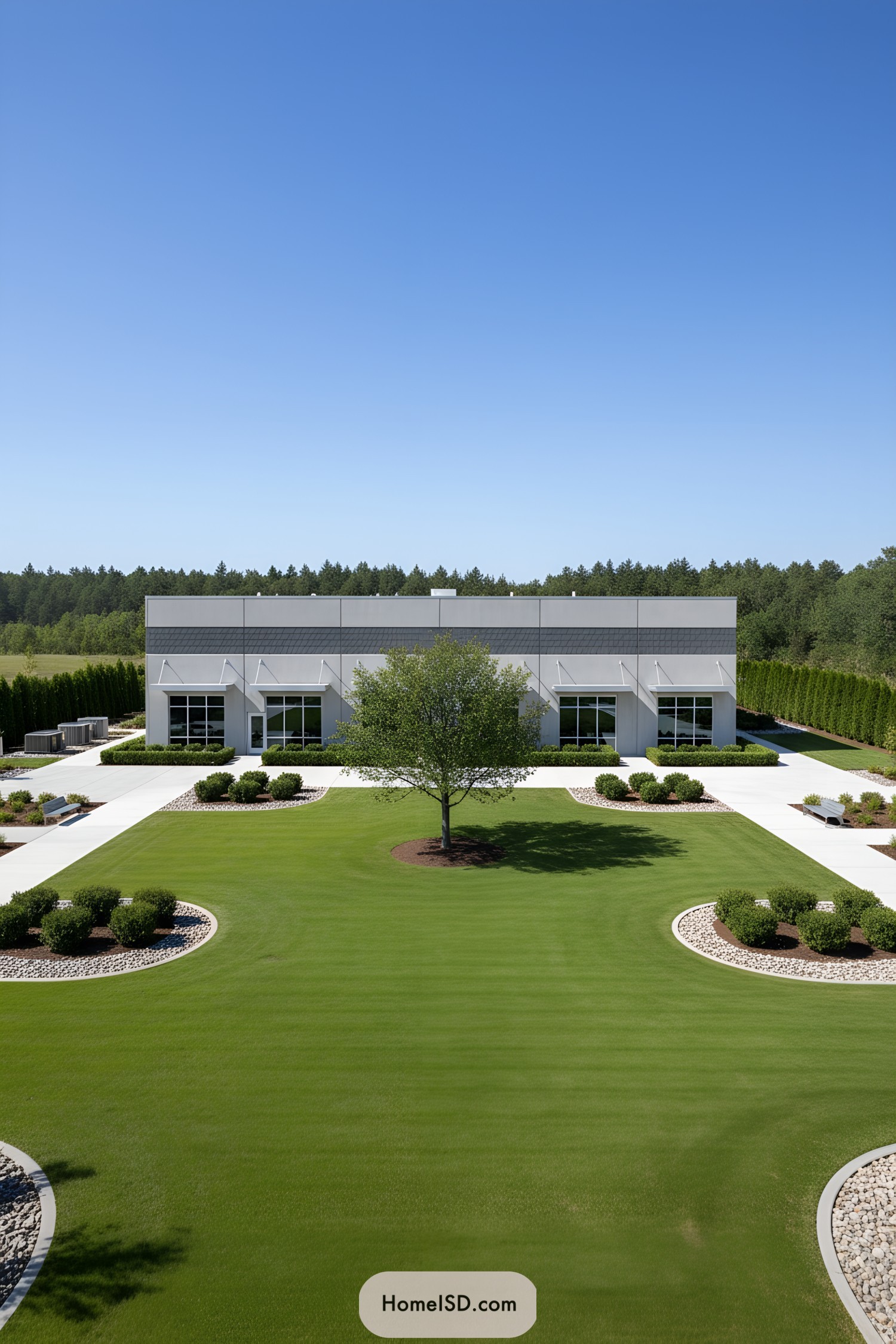 Modern industrial building with manicured lawn