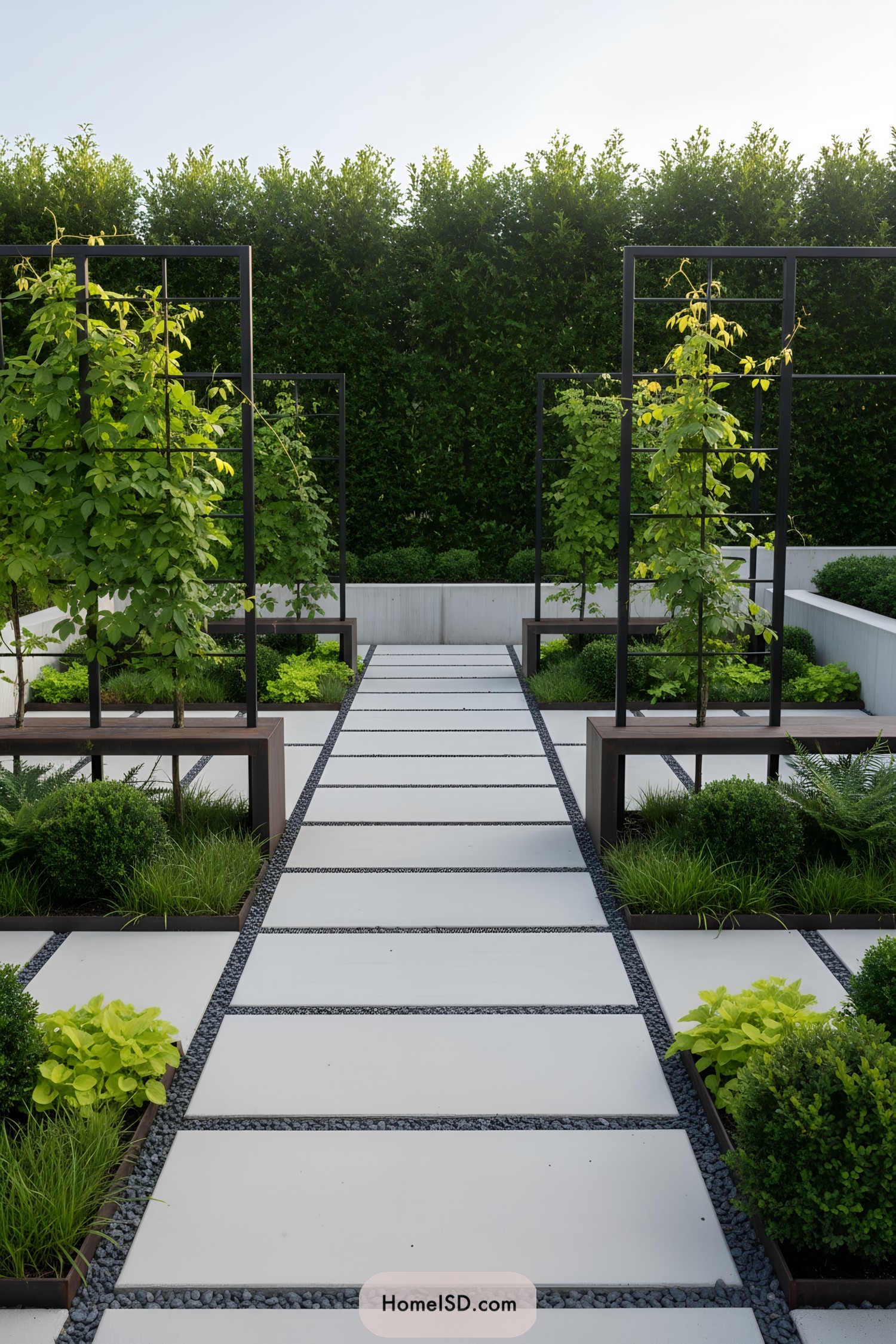 Modern courtyard garden with trellised trees and white paver path
