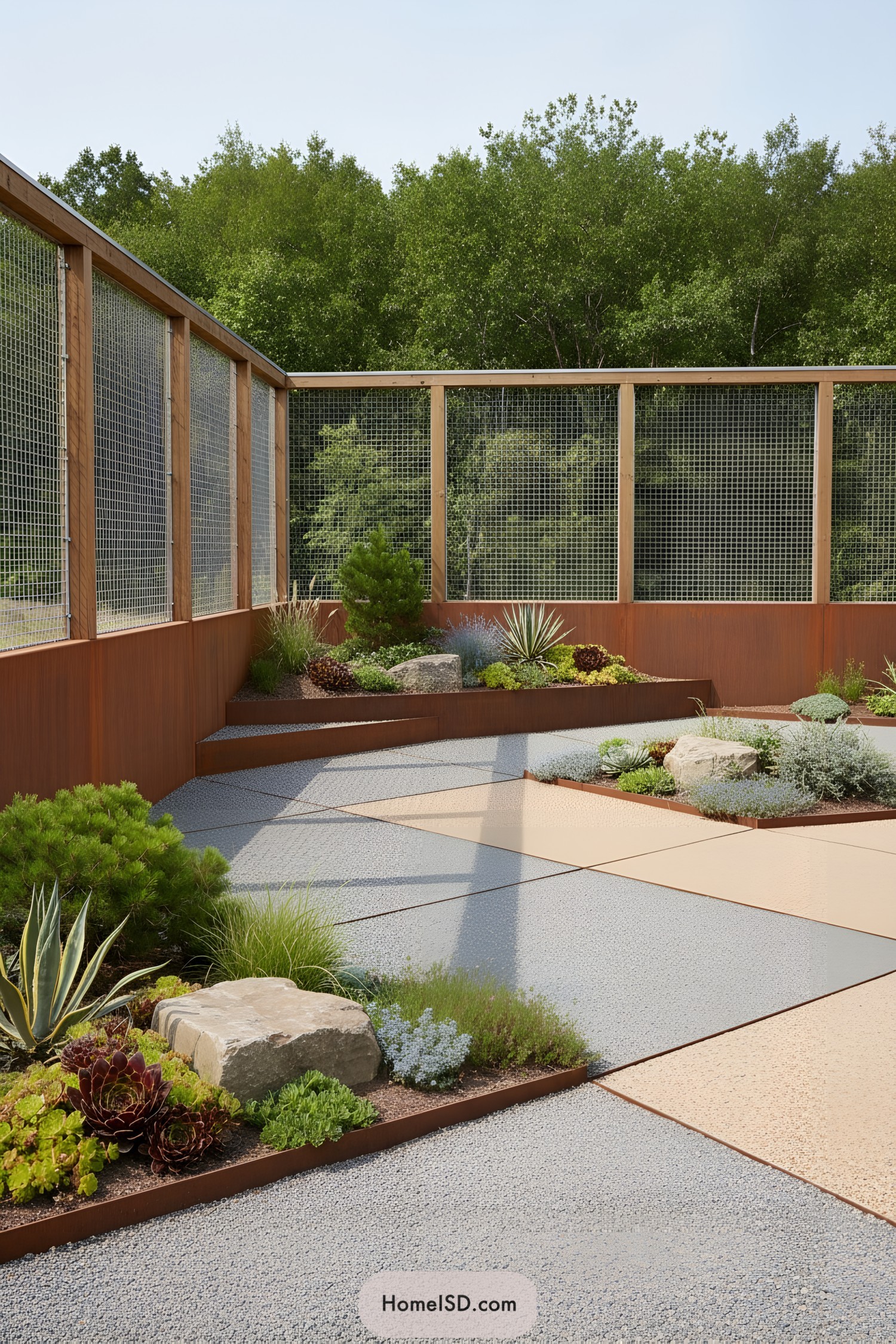 Minimalist courtyard with metal planters and gravel