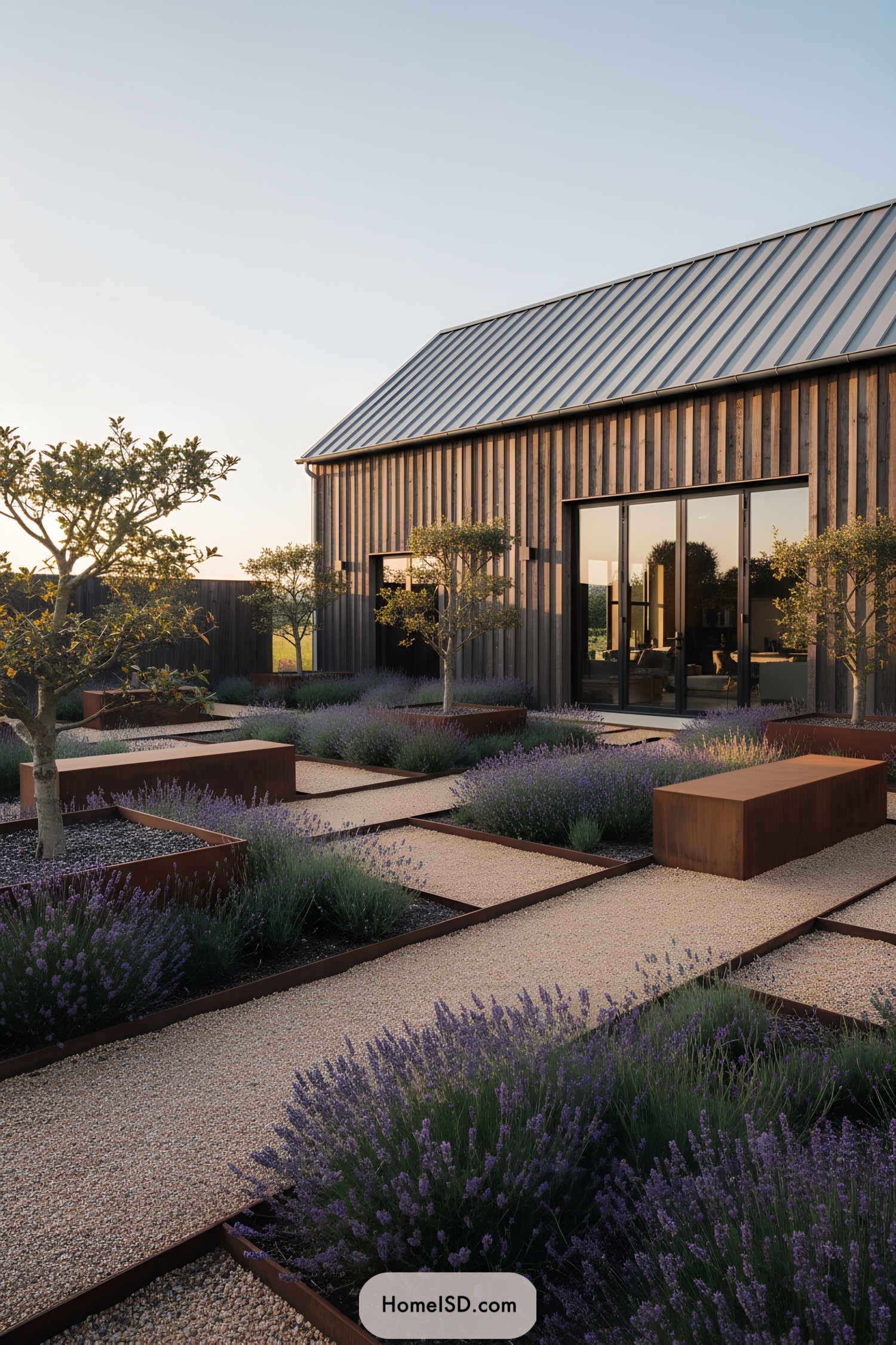 Modern gravel courtyard with rusted steel planters and lavender rows by a barn-style building
