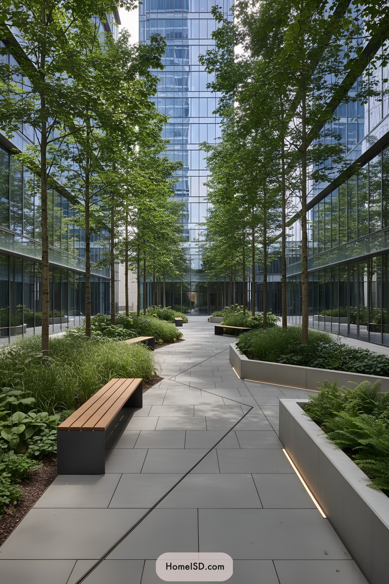 Modern office courtyard with trees, benches, and planted beds between glass buildings