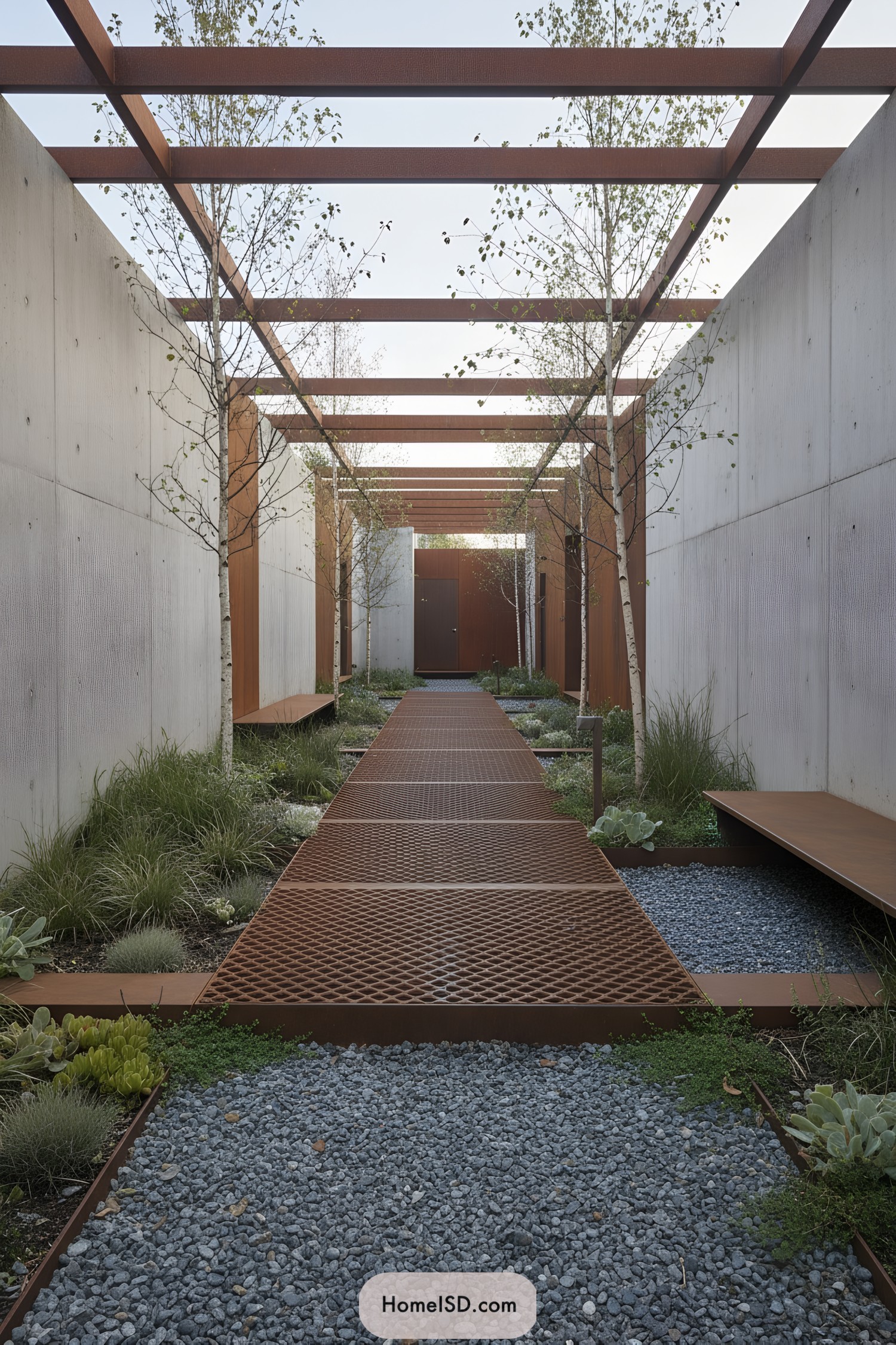 Narrow industrial courtyard with rusted steel walkway between concrete walls and sparse greenery