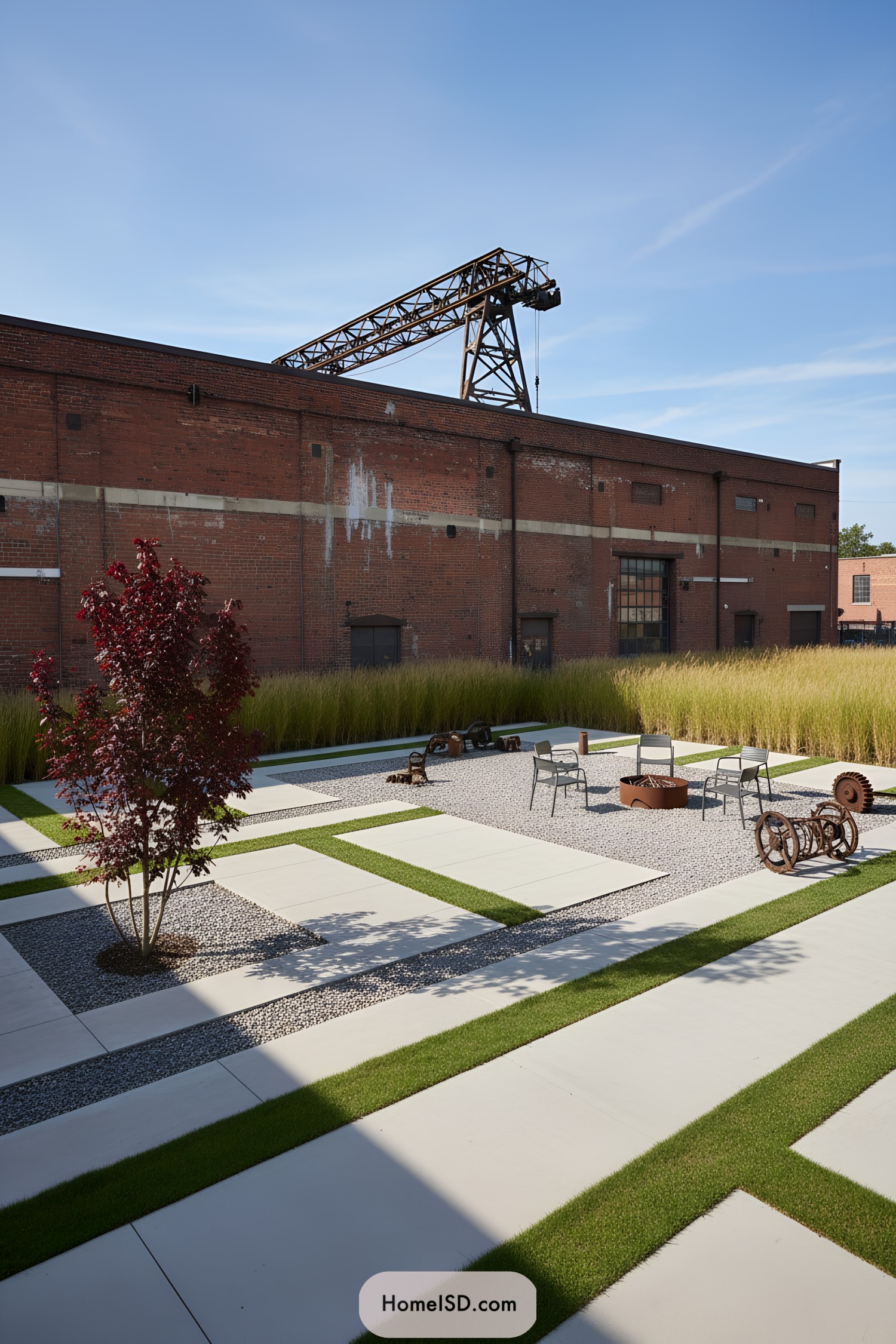 Concrete and gravel courtyard with grass strips, vintage metal pieces, and simple seating against a brick warehouse backdrop