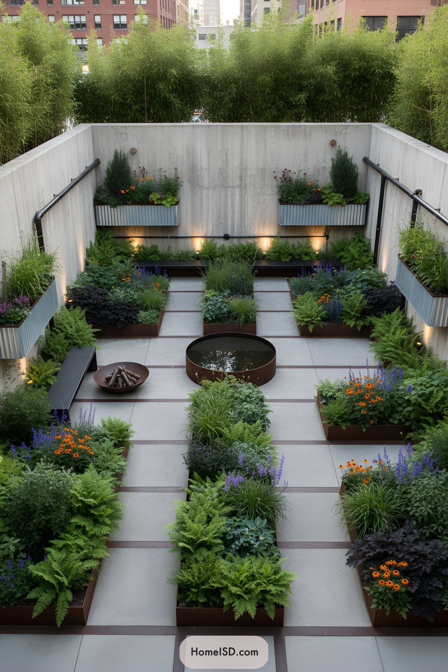 Geometric courtyard garden with raised planters
