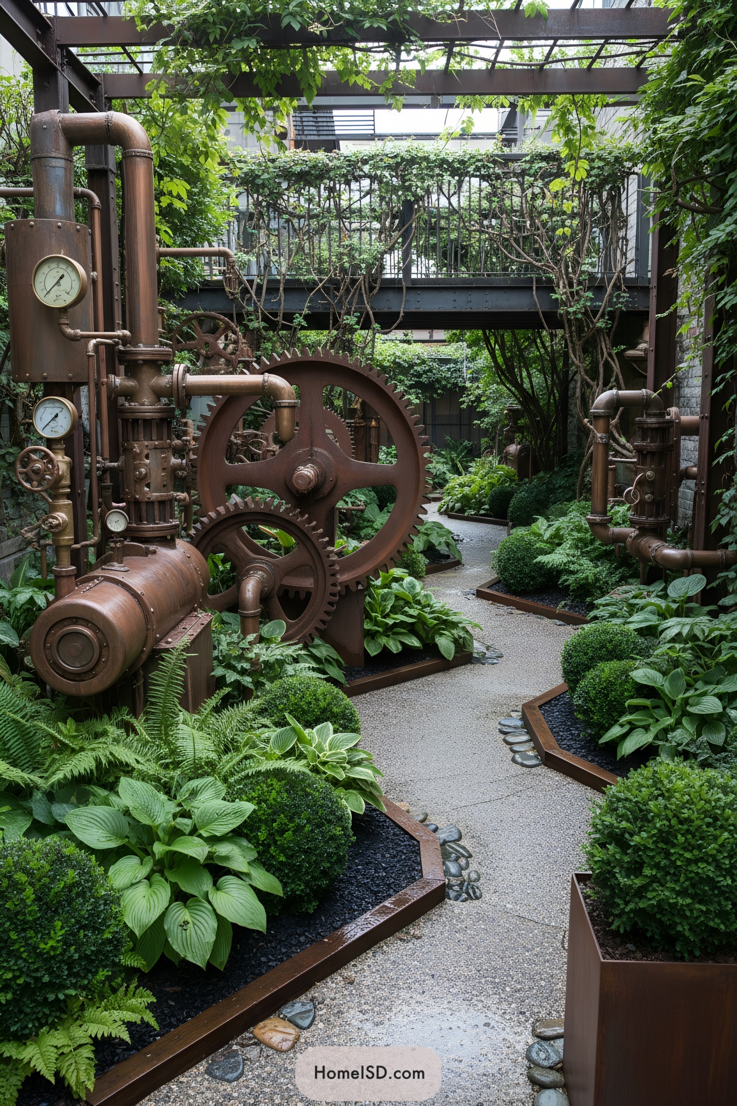 Steampunk-style garden with rusted gears and lush greenery