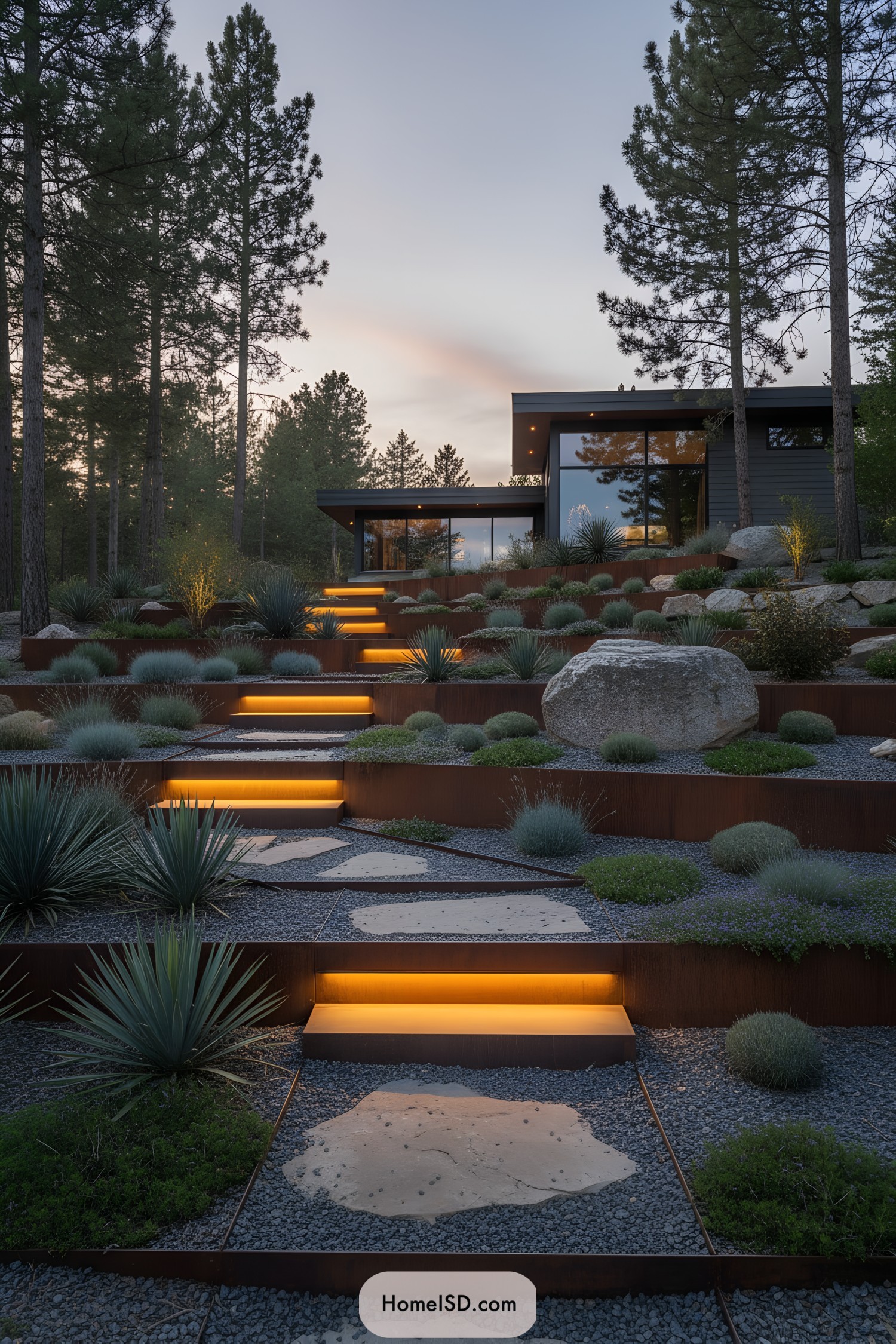 Terraced gravel hillside with corten steel planters, glowing stair lights, and a modern glass house framed by tall pines