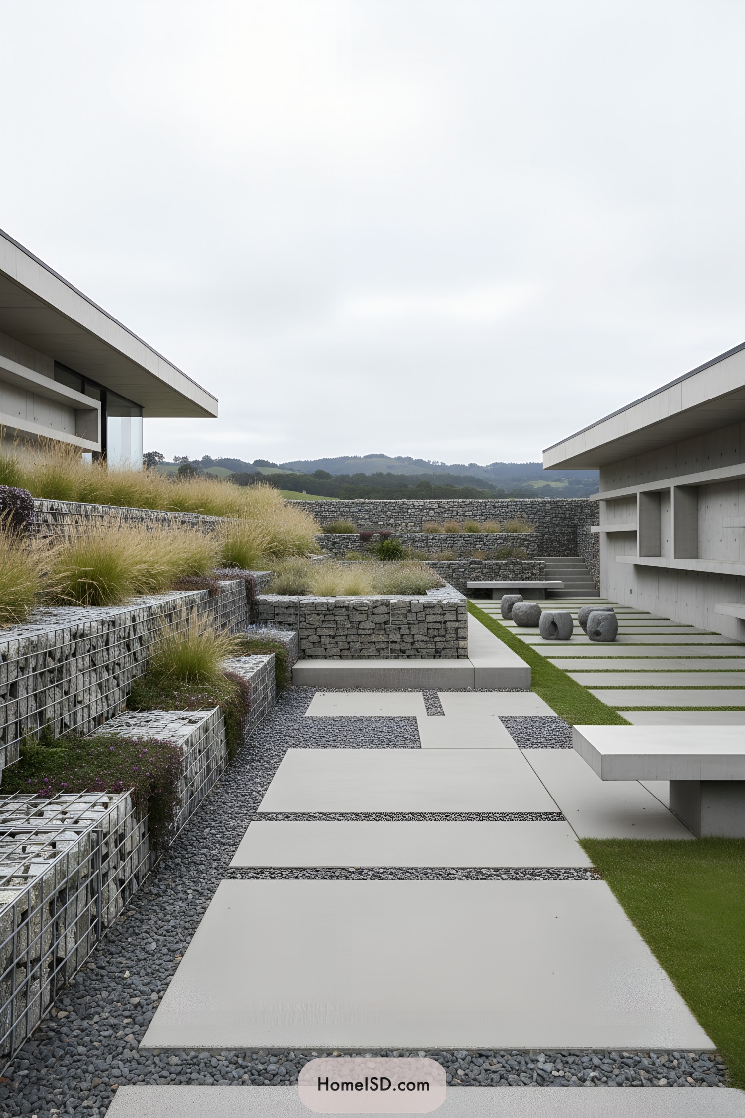 Modern terraced courtyard with gabion walls and concrete paths