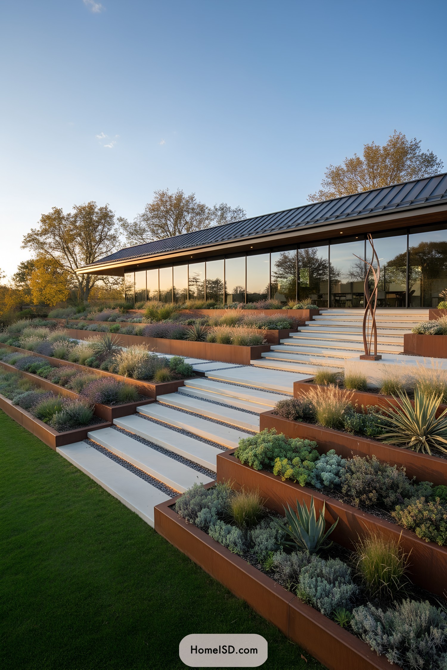 Tiered corten planters flanking wide steps