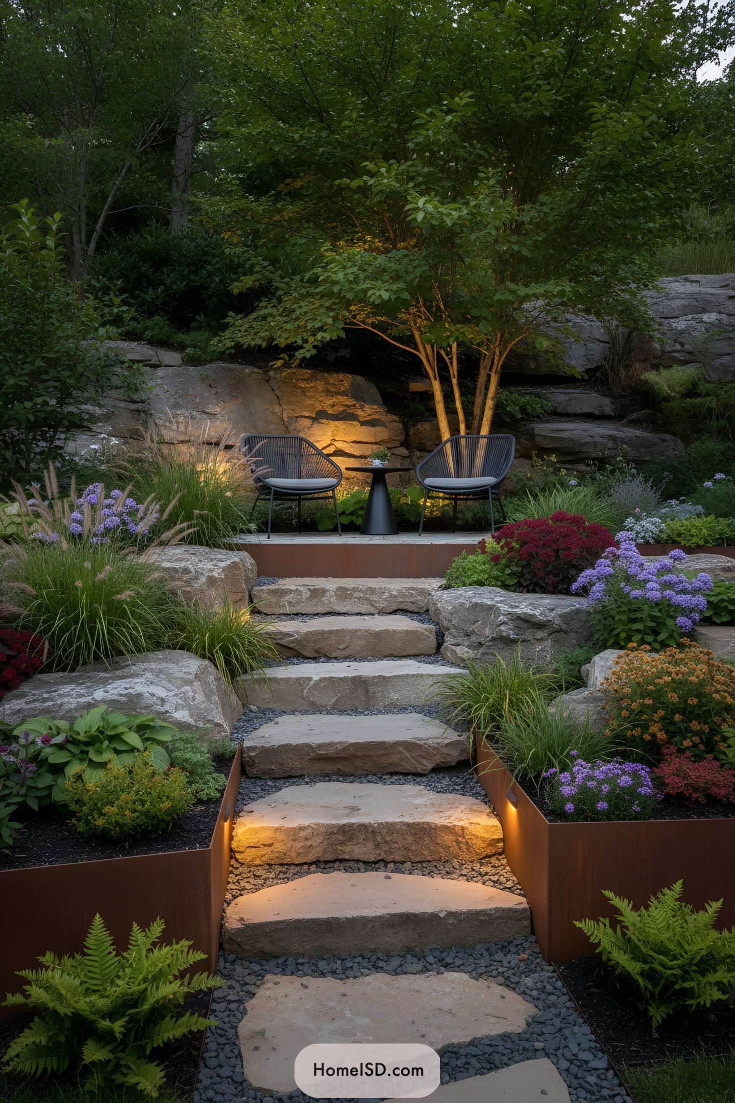 Stone steps and lit corten planters leading to a cozy seating terrace in a lush rocky garden