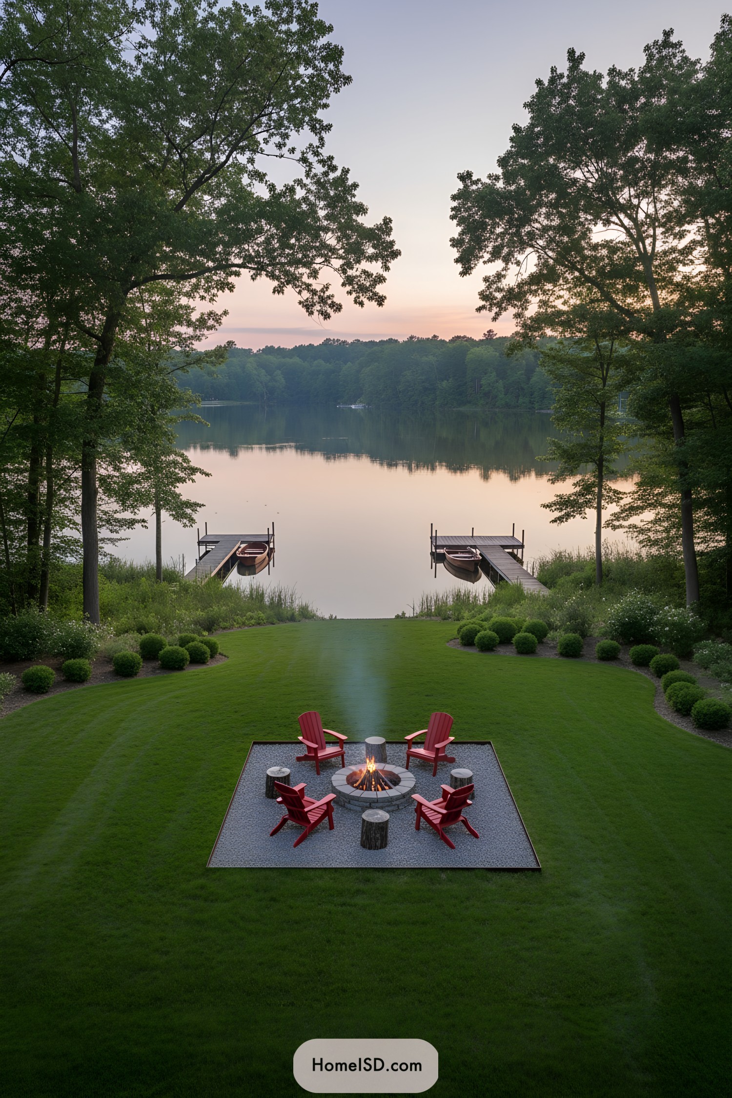 Lakeside lawn with square gravel fire pit, red Adirondacks, and twin docks at sunset