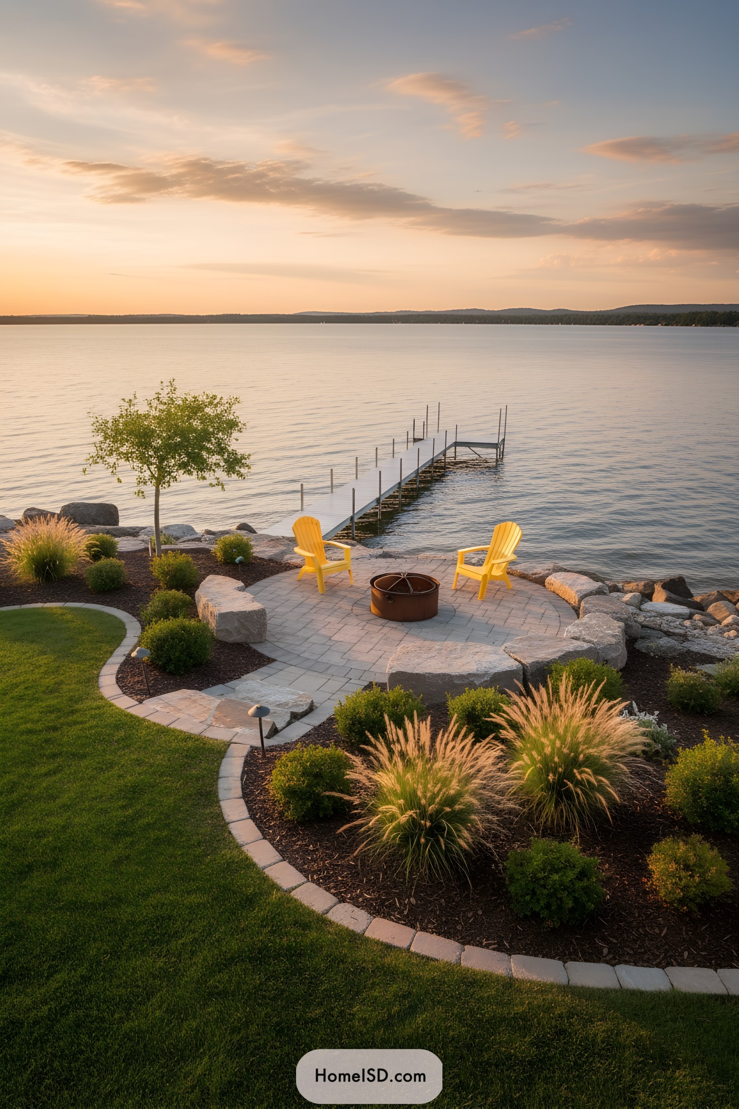 Lakeside patio with fire pit and dock