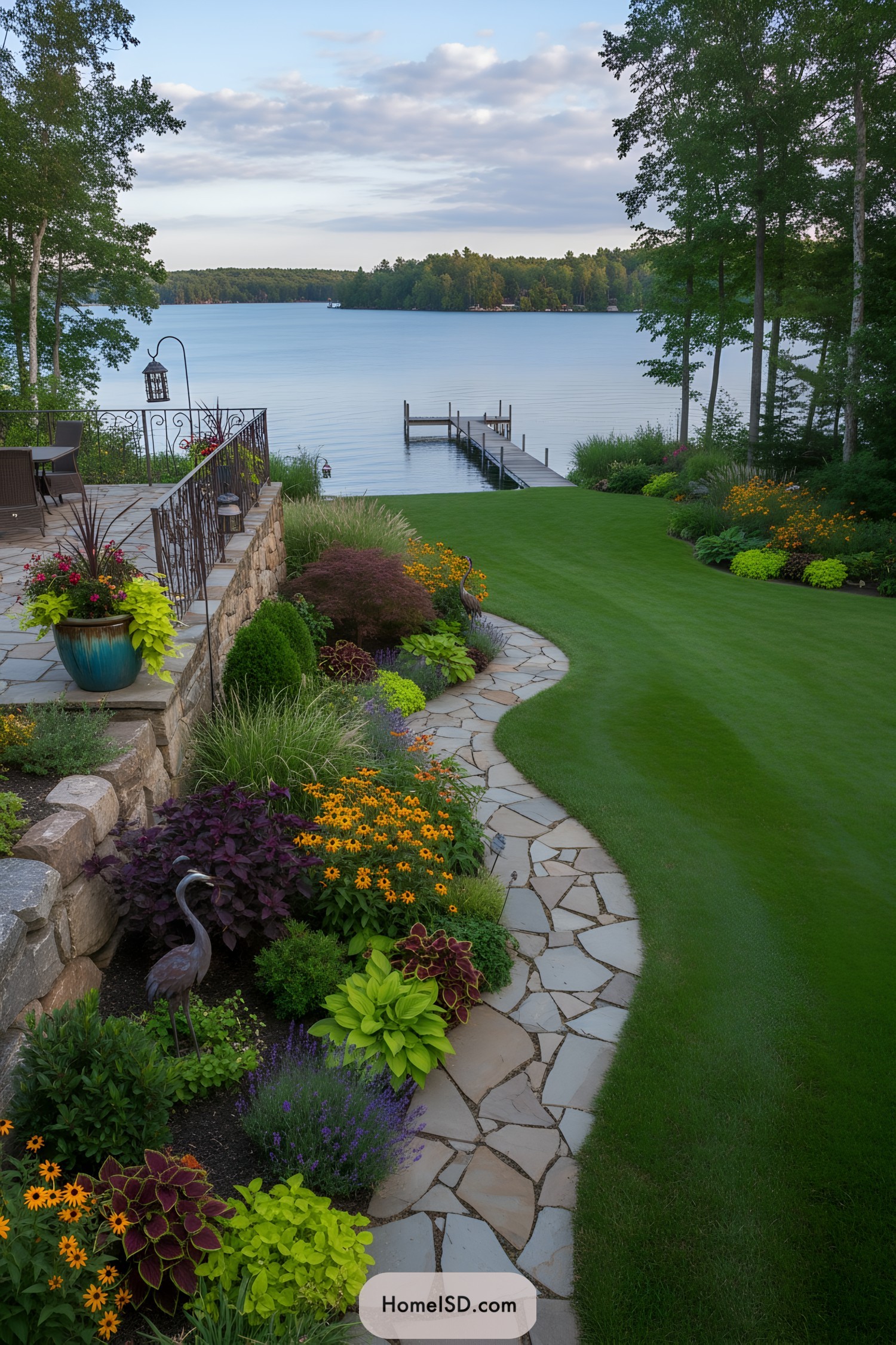 Curving flagstone path beside lush lakeside lawn and dock