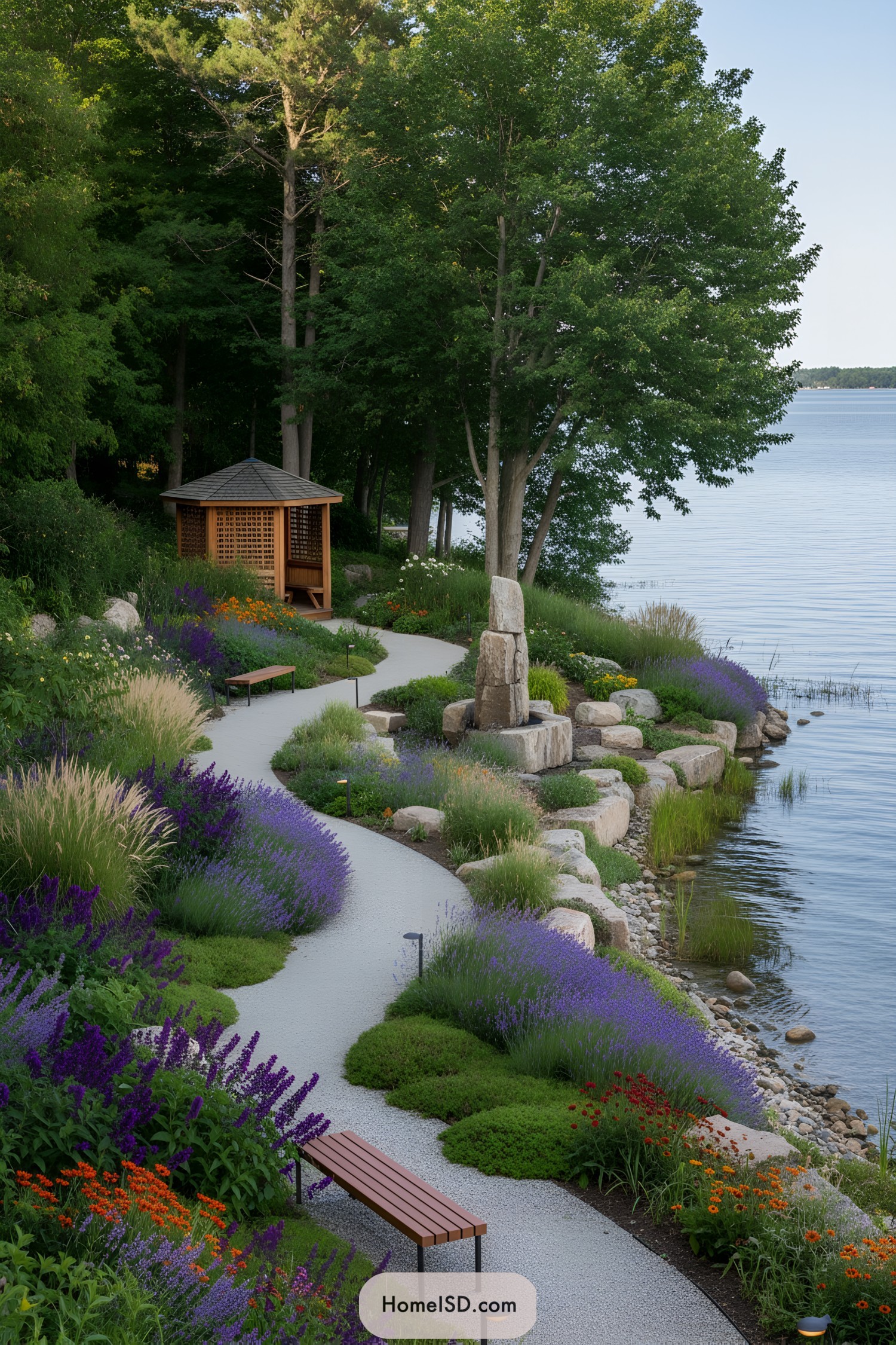 Curving lakeside path with benches, lush lavender drifts, stone edging, and a small wooden pavilion