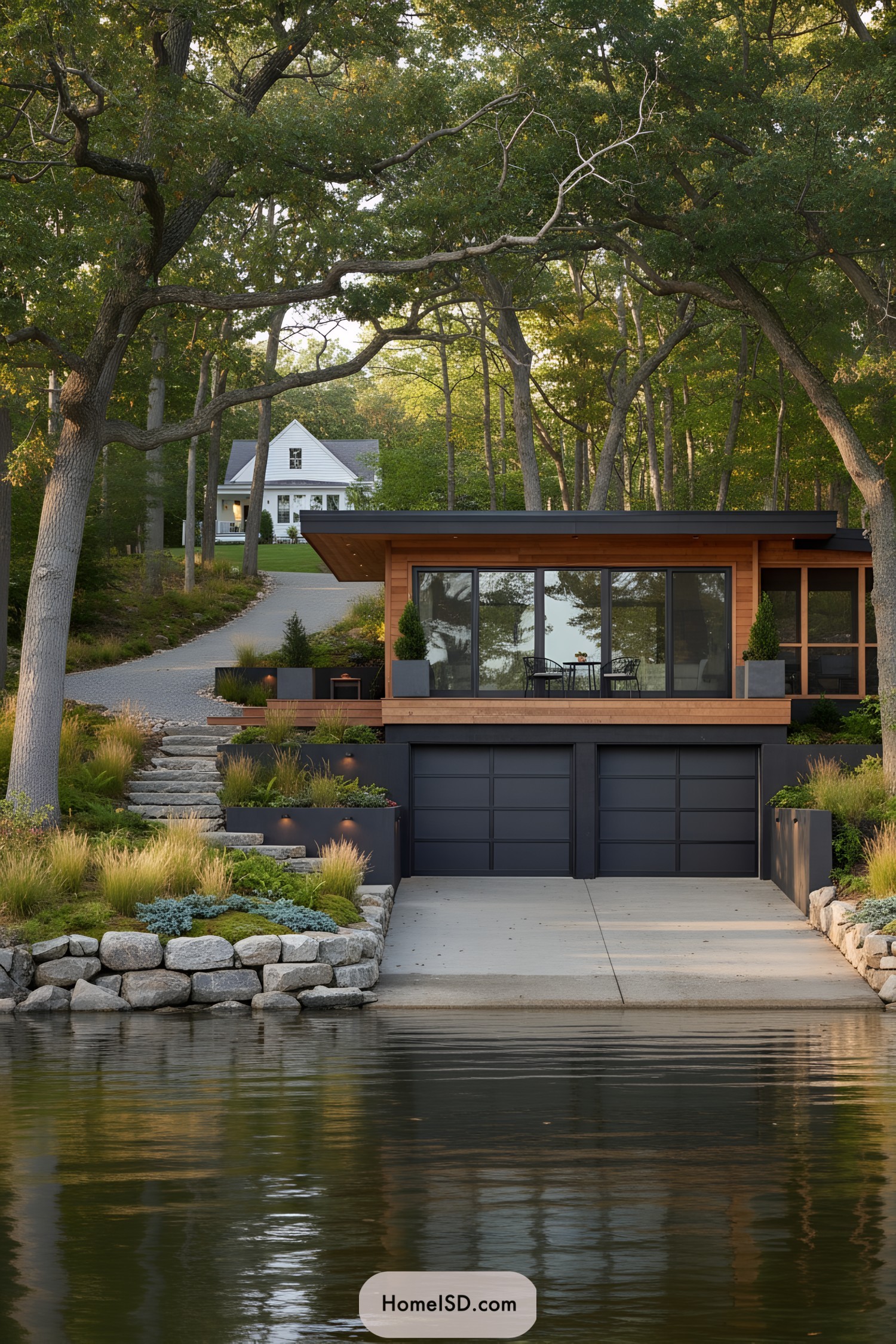 Contemporary lakeside boathouse with tiered plantings and stone steps