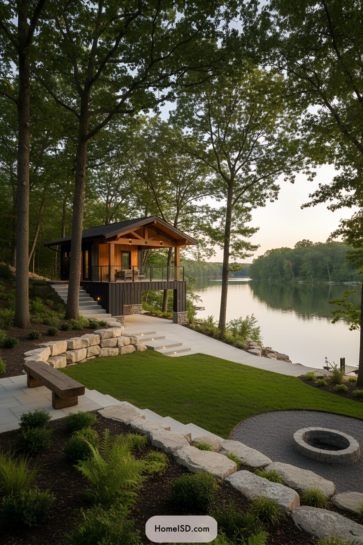 Modern lakeside yard with timber pavilion, stone steps, lawn, and circular fire pit