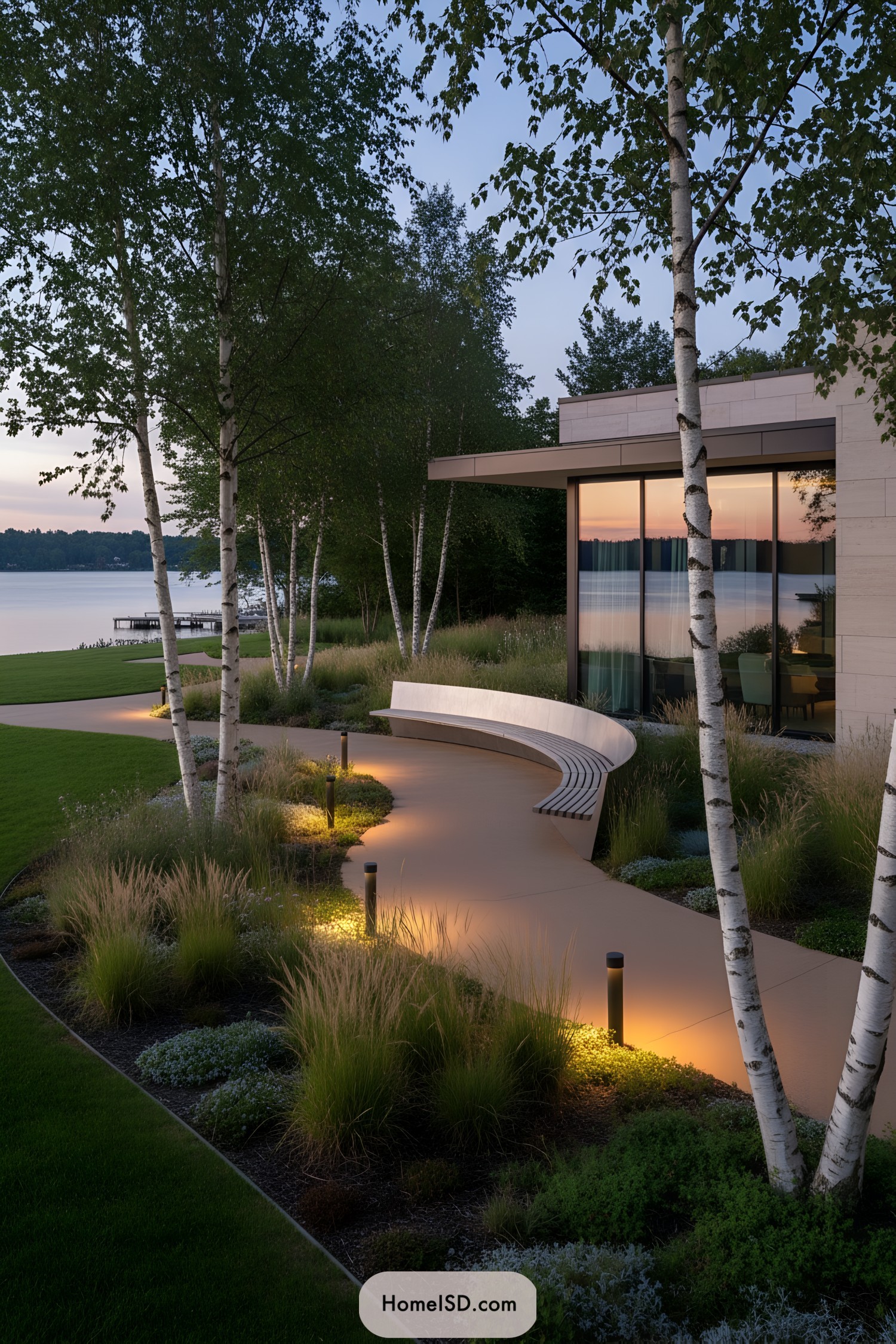 Curved lakeside path with birch trees and glowing bollard lights beside a modern glass-walled home