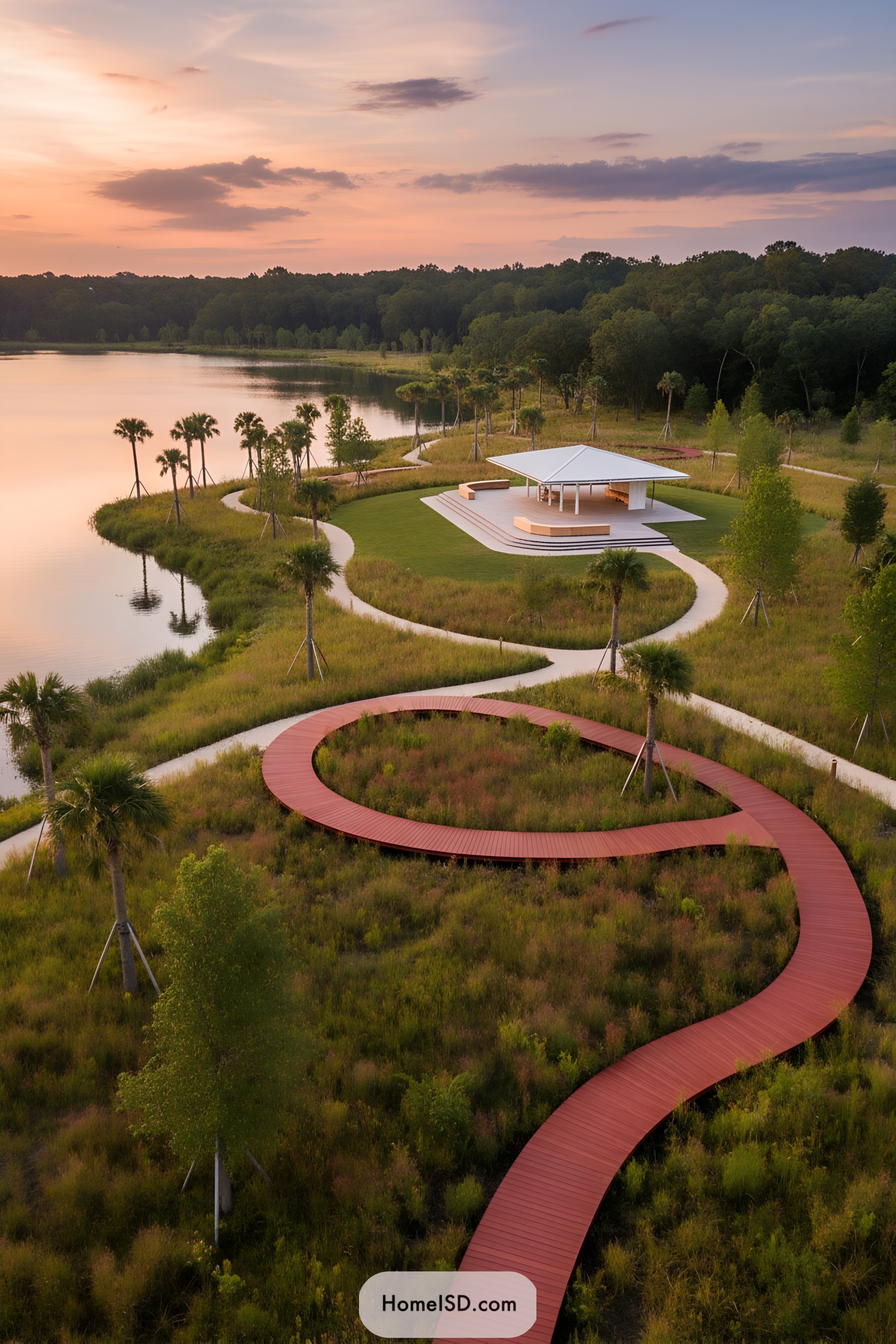 Curving red boardwalk and pavilion by lakeside