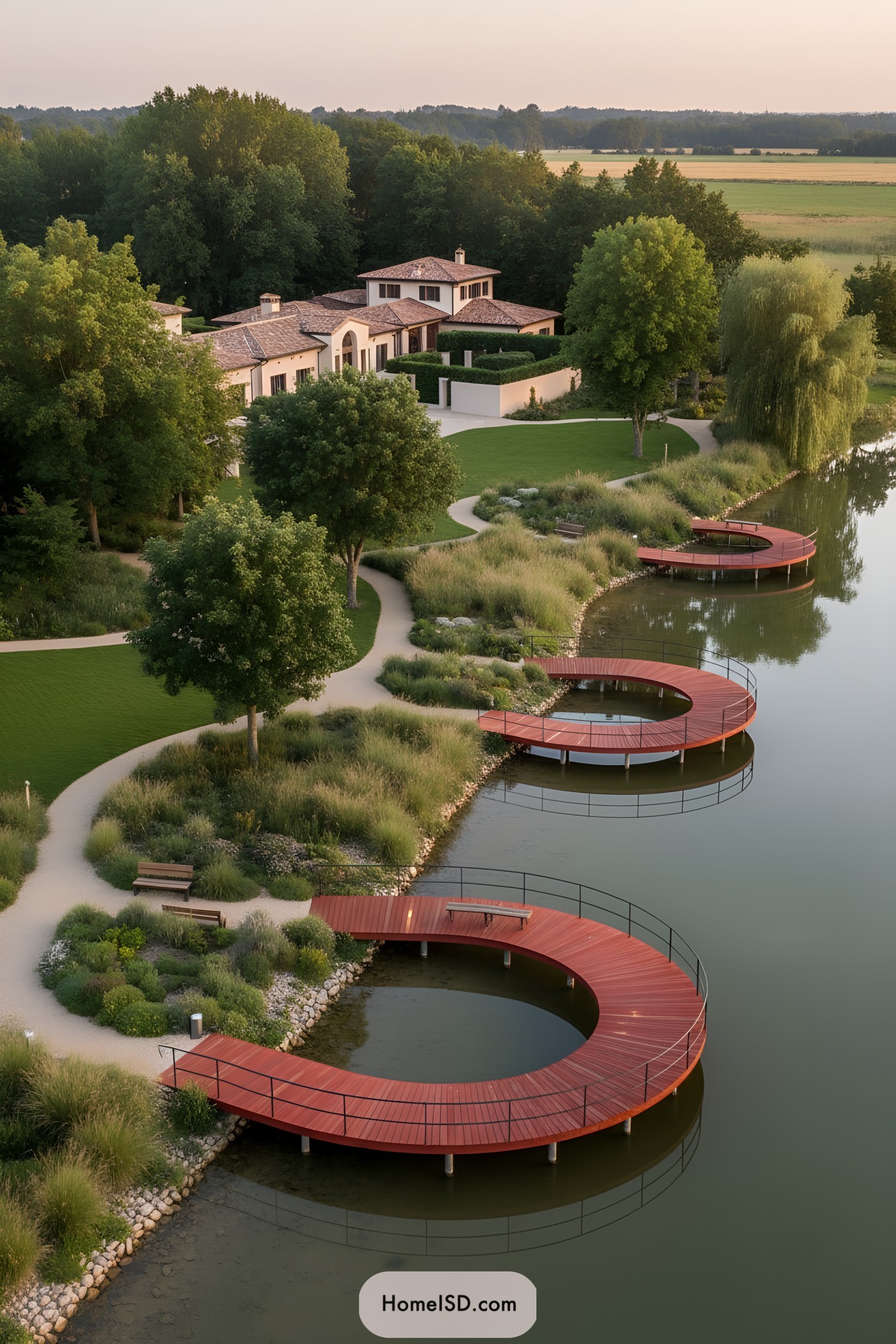 Curved red lakeside docks with winding paths and meadow plantings