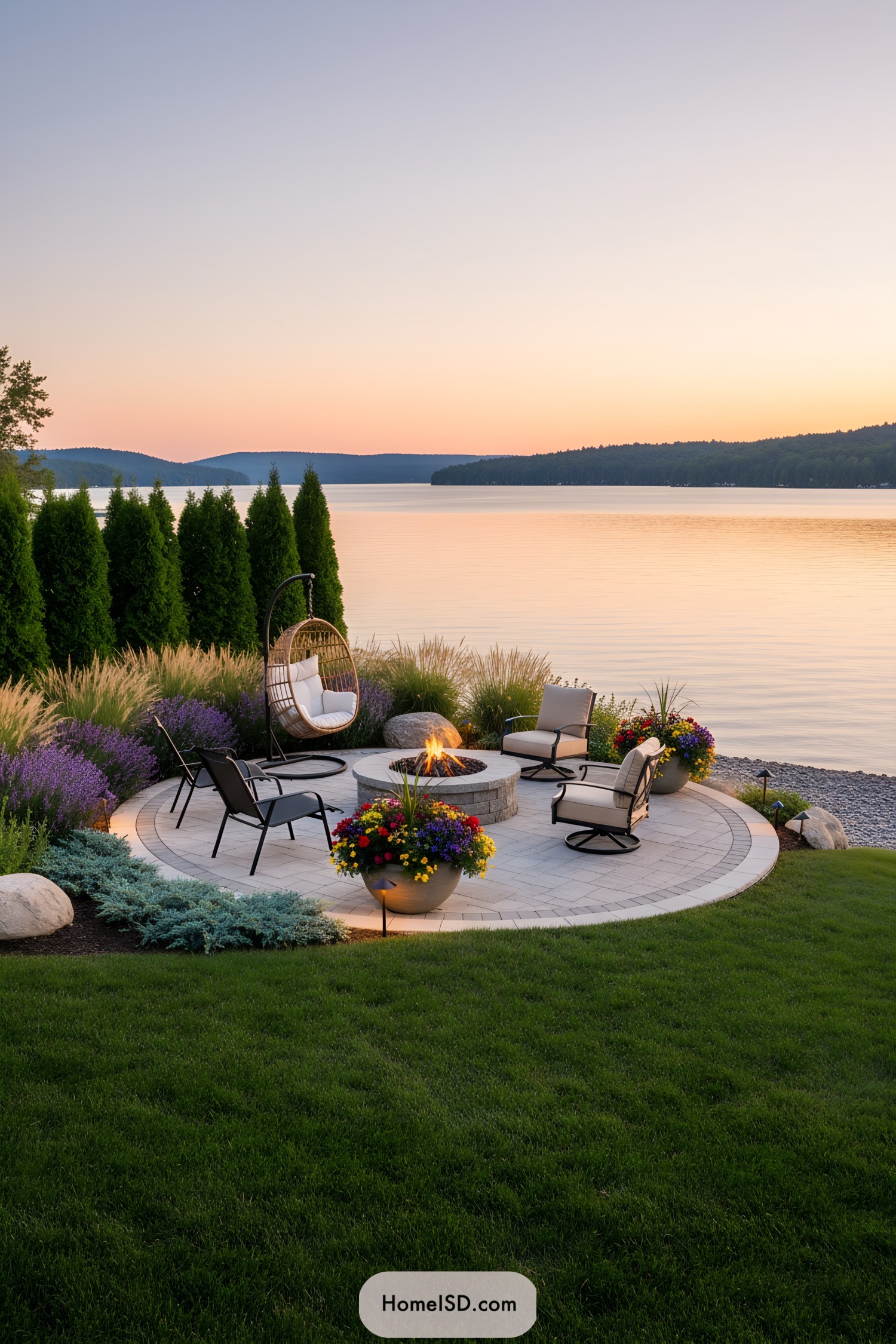 Curved patio with fire pit and lounge chairs beside a tranquil lake at sunset