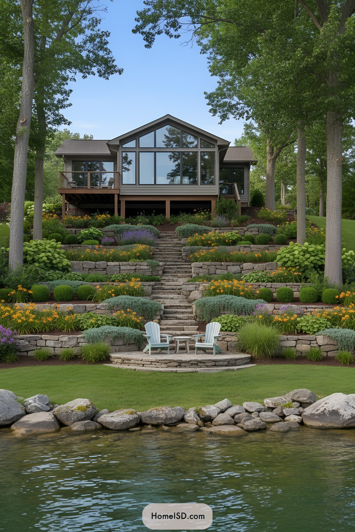 Tiered stone beds, central steps, Adirondack chairs by water