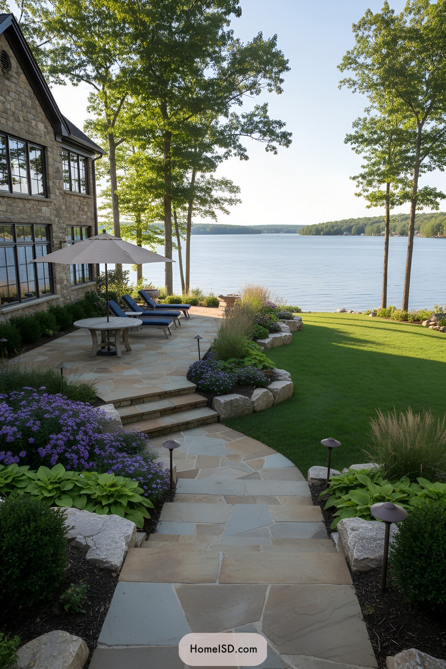 Curved flagstone path, terraced patio, and lawn by a lake