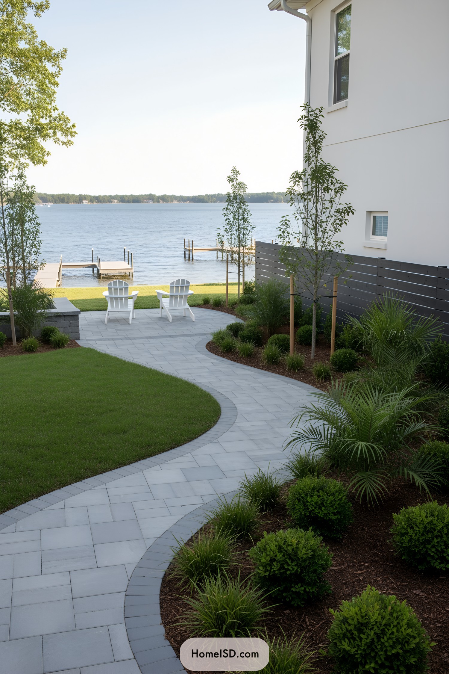 Curving paver path to lake with chairs