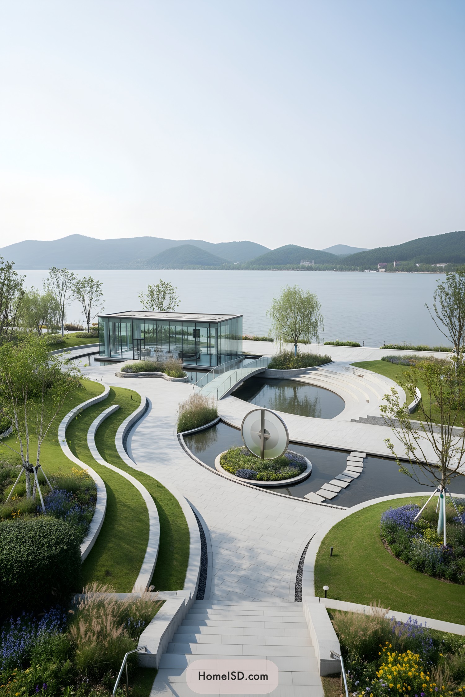 Modern glass pavilion by a lake with curved terraces, stepping stones, and sculptural water features